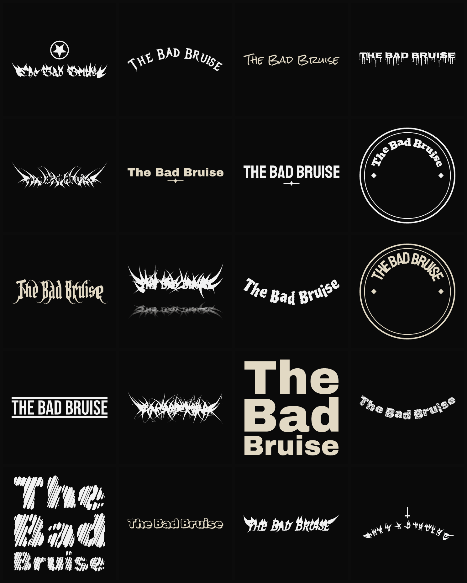 Twenty The Bad Bruise band logo ideas — different faces, treatments and spike settings