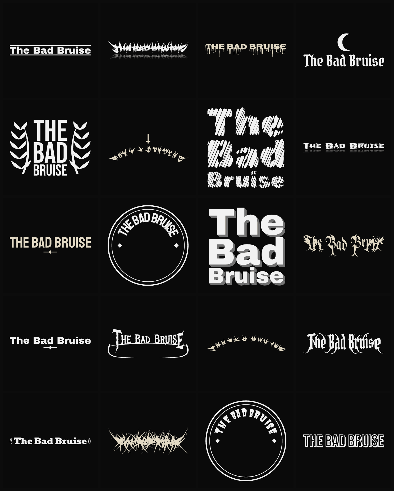 Twenty The Bad Bruise band logo ideas — different faces, treatments and spike settings