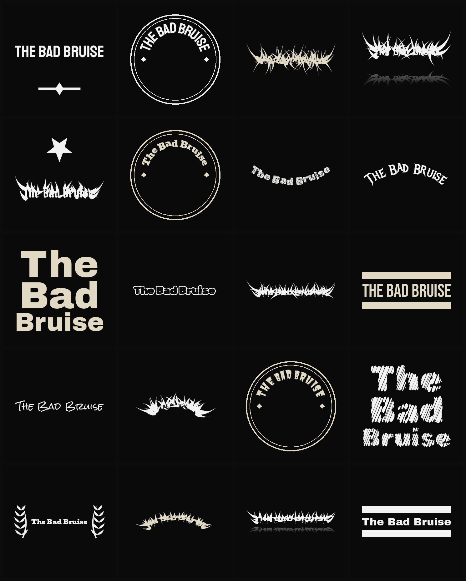 Twenty The Bad Bruise band logo ideas — different faces, treatments and spike settings