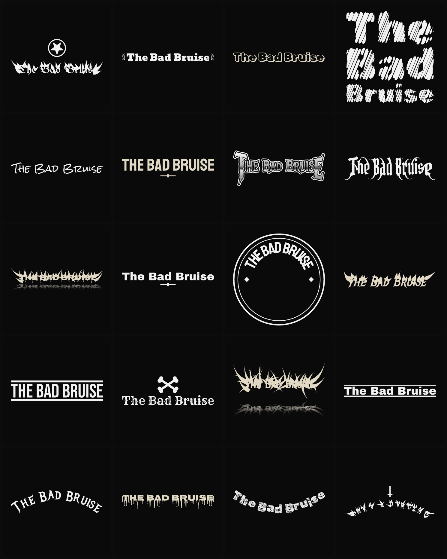 Twenty The Bad Bruise band logo ideas — different faces, treatments and spike settings