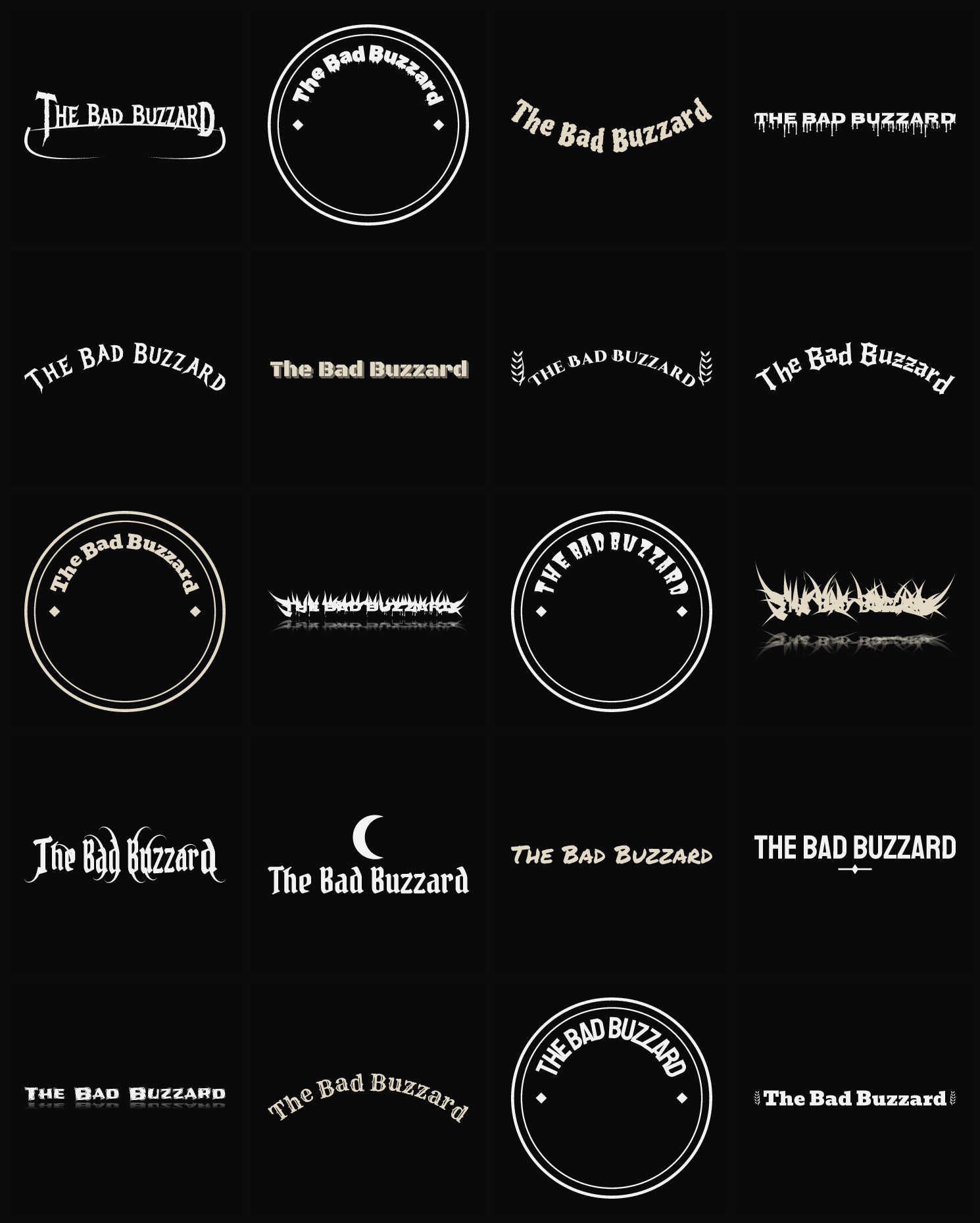 Twenty The Bad Buzzard band logo ideas — different faces, treatments and spike settings
