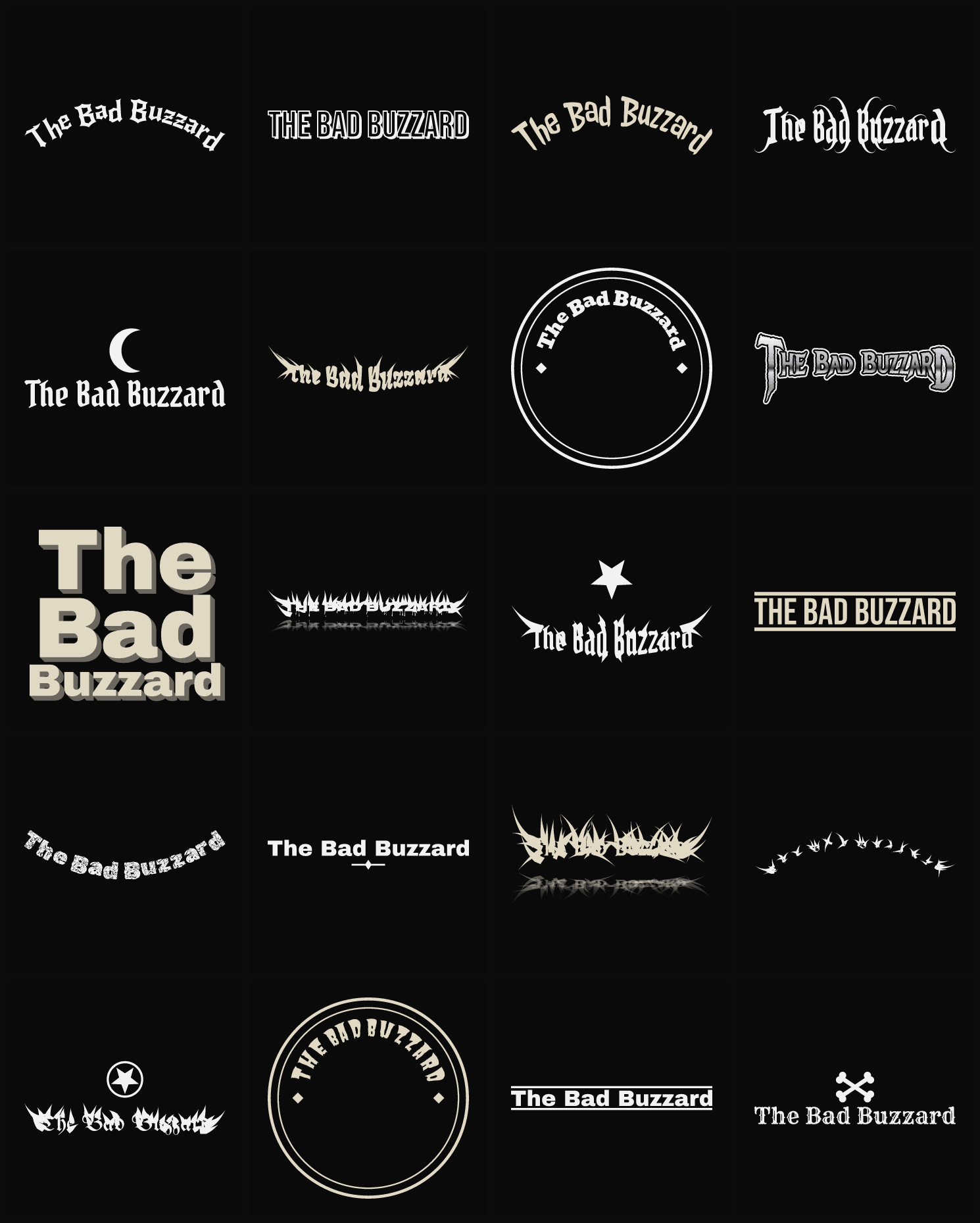 Twenty The Bad Buzzard band logo ideas — different faces, treatments and spike settings
