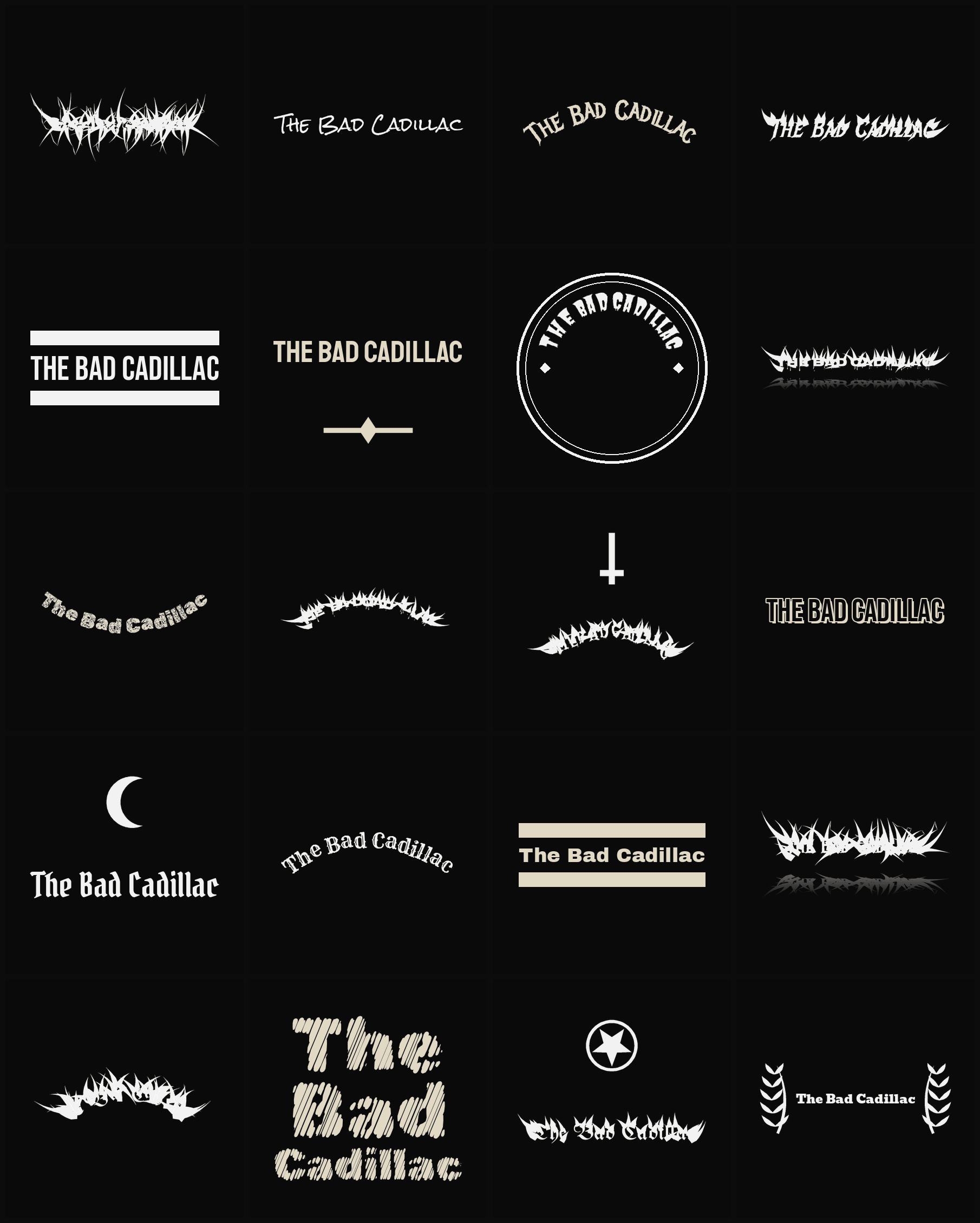 Twenty The Bad Cadillac band logo ideas — different faces, treatments and spike settings