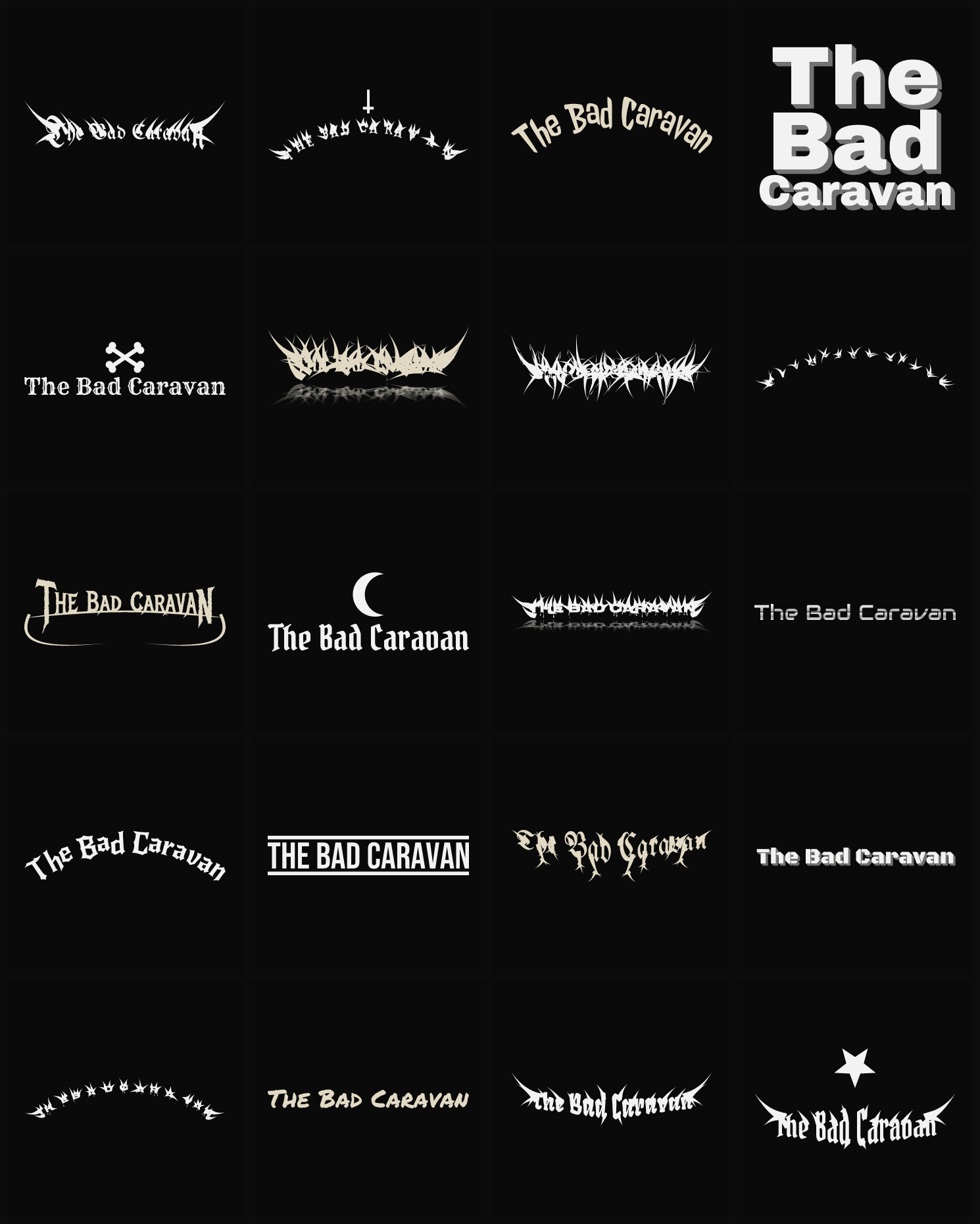 Twenty The Bad Caravan band logo ideas — different faces, treatments and spike settings