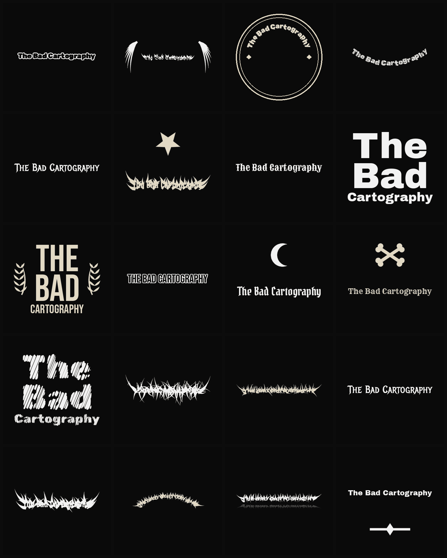 Twenty The Bad Cartography band logo ideas — different faces, treatments and spike settings