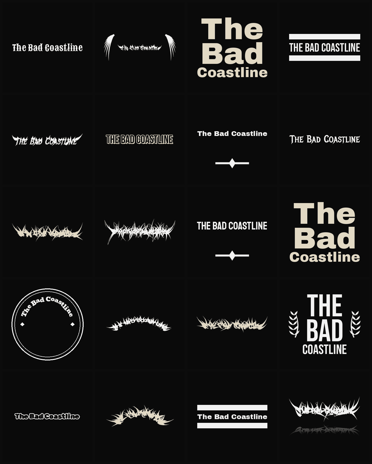 Twenty The Bad Coastline band logo ideas — different faces, treatments and spike settings
