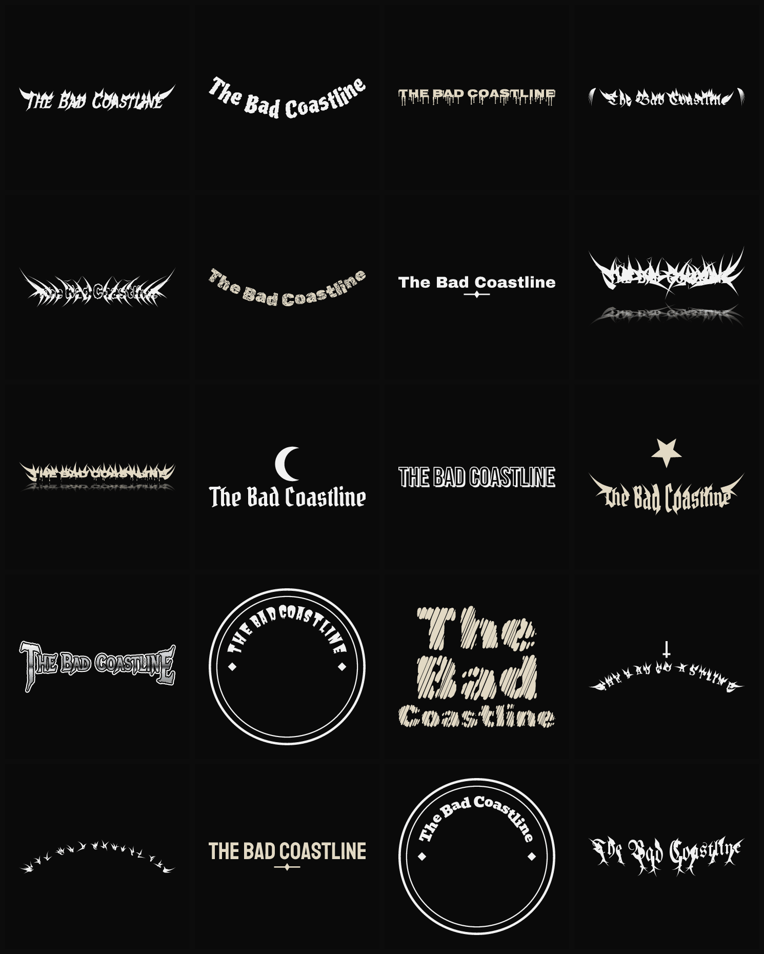 Twenty The Bad Coastline band logo ideas — different faces, treatments and spike settings