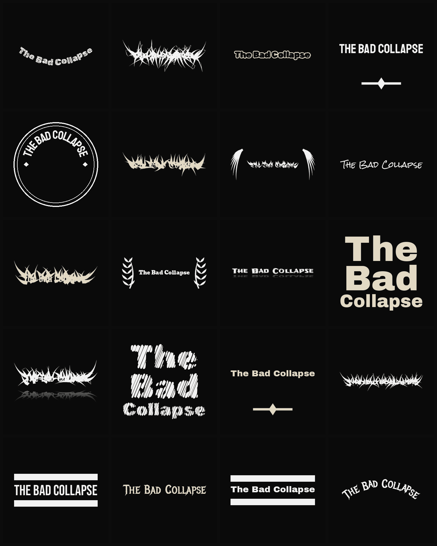 Twenty The Bad Collapse band logo ideas — different faces, treatments and spike settings