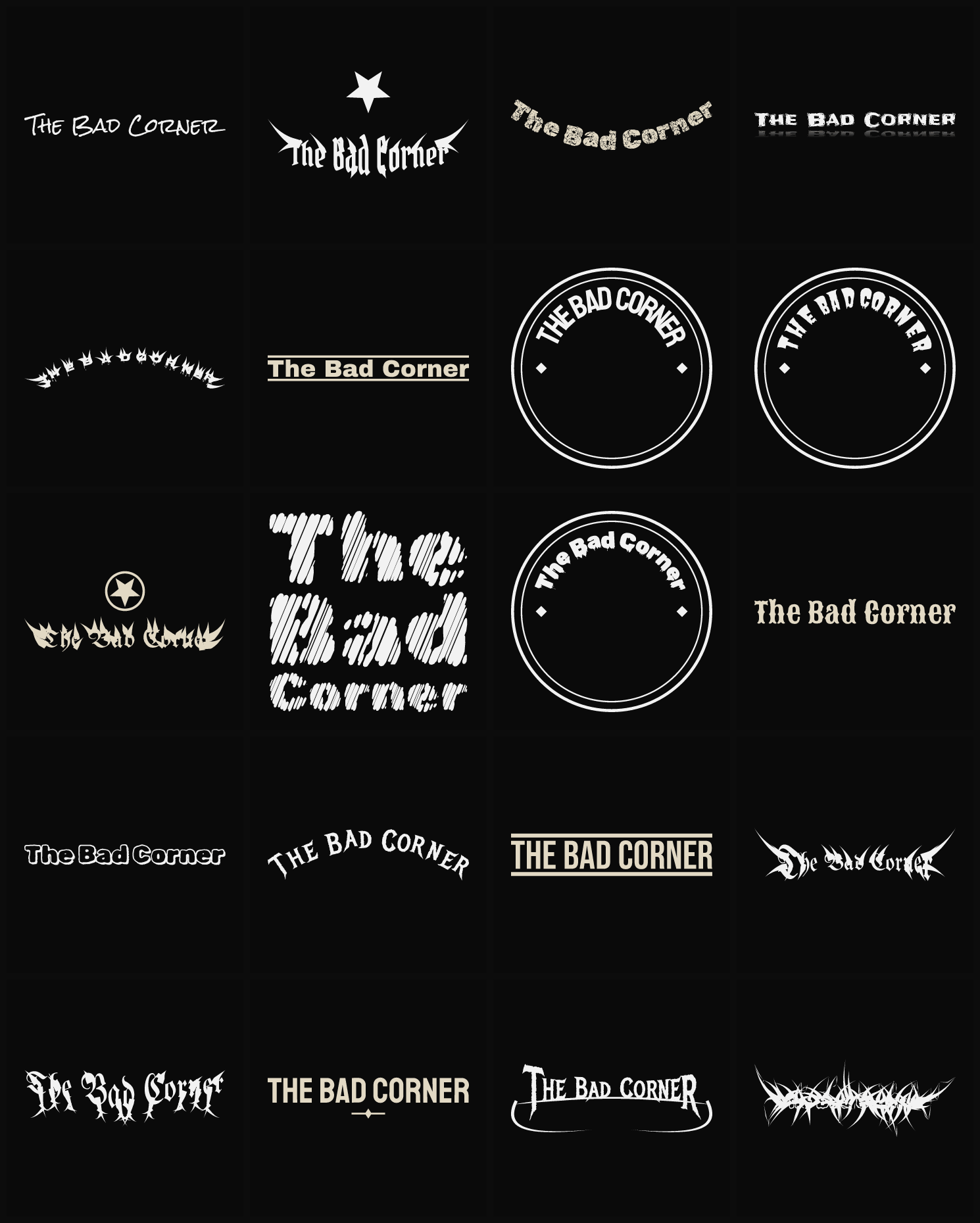 Twenty The Bad Corner band logo ideas — different faces, treatments and spike settings