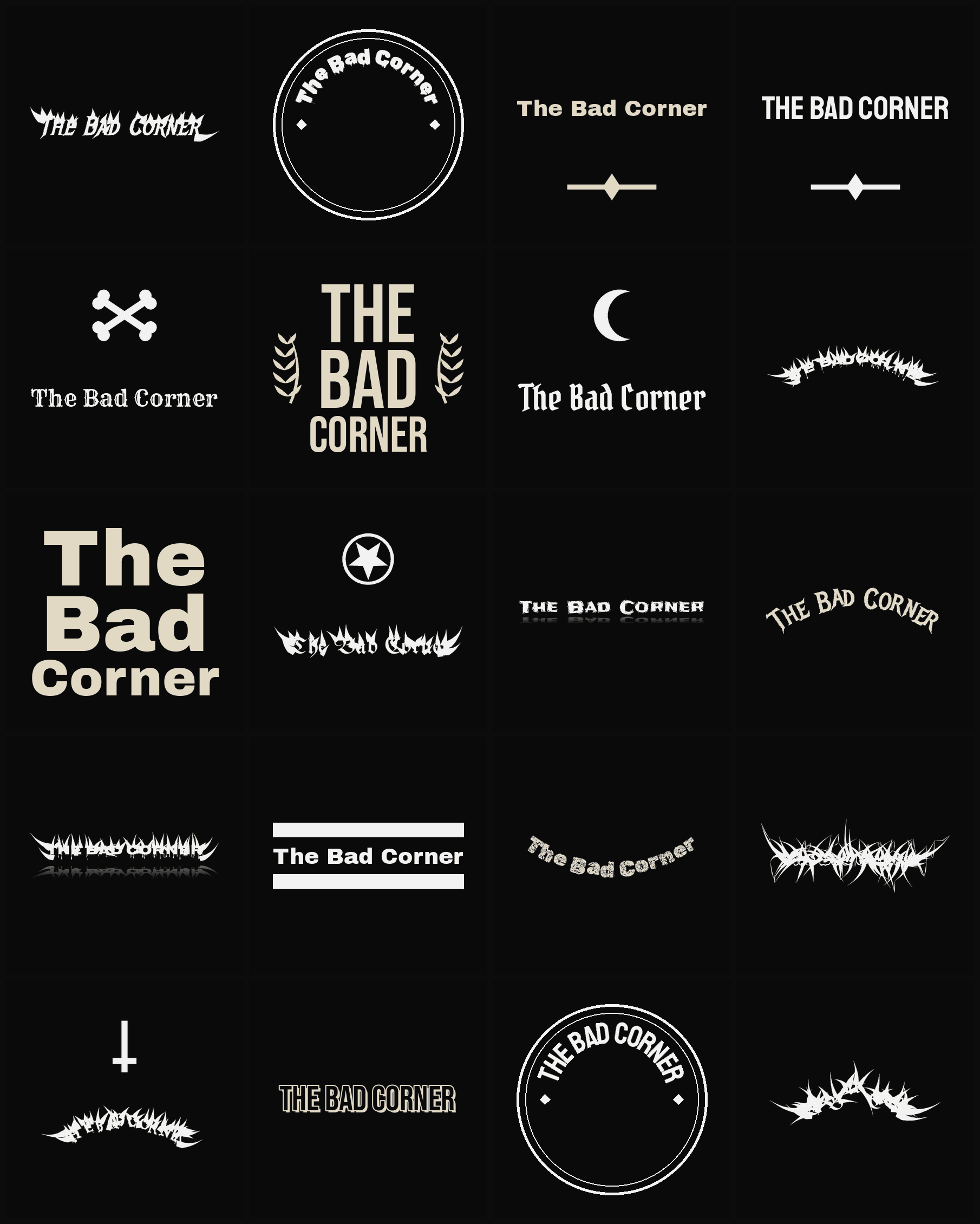 Twenty The Bad Corner band logo ideas — different faces, treatments and spike settings