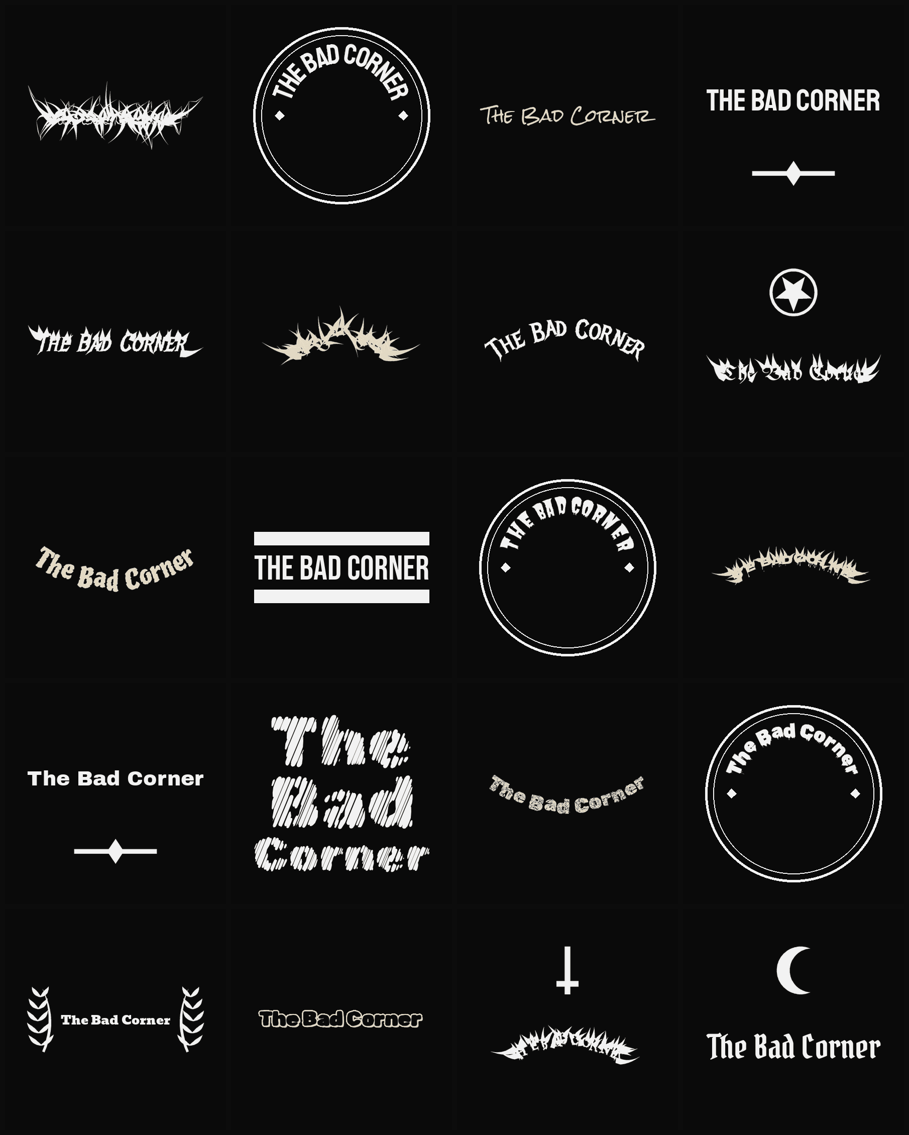 Twenty The Bad Corner band logo ideas — different faces, treatments and spike settings