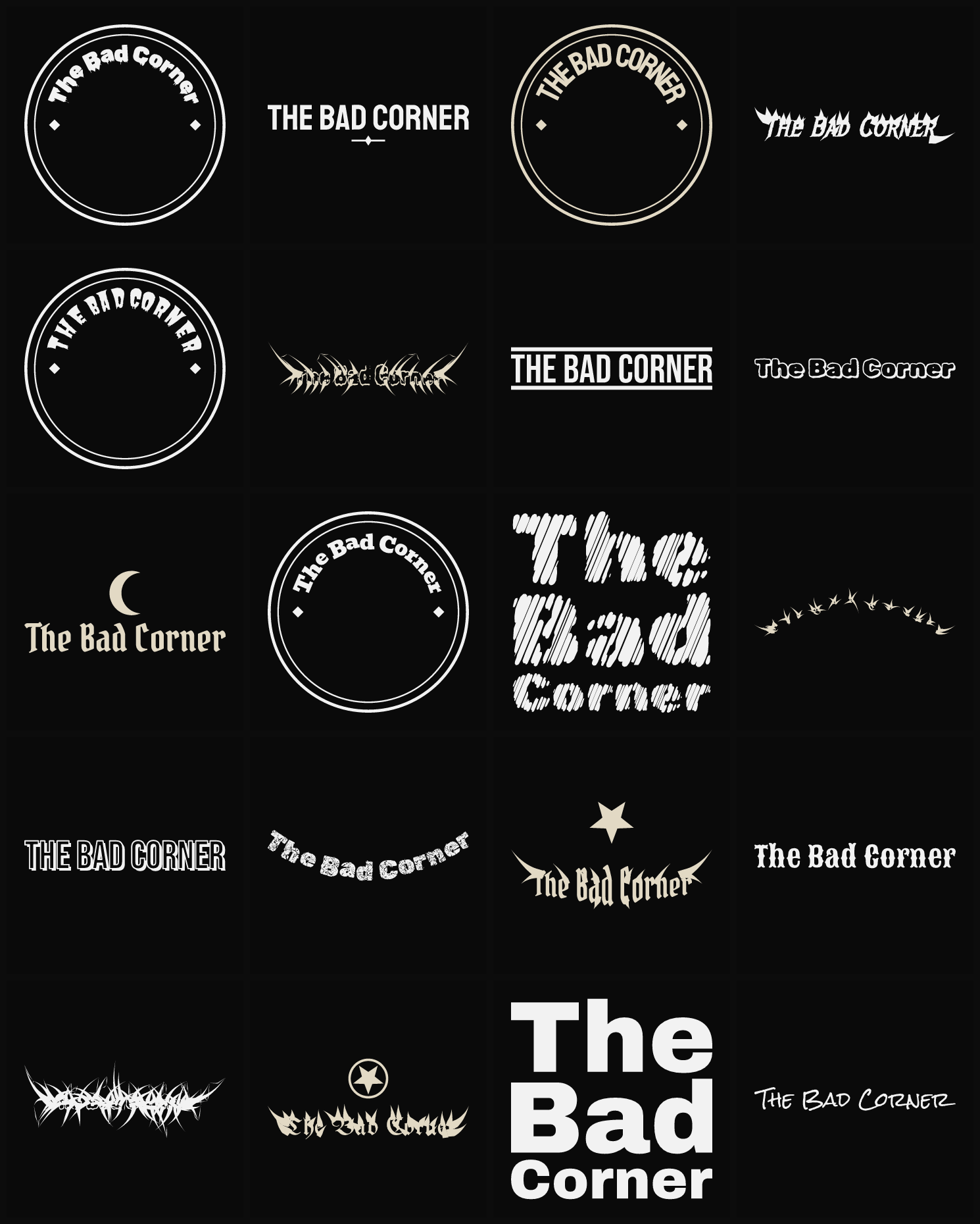 Twenty The Bad Corner band logo ideas — different faces, treatments and spike settings