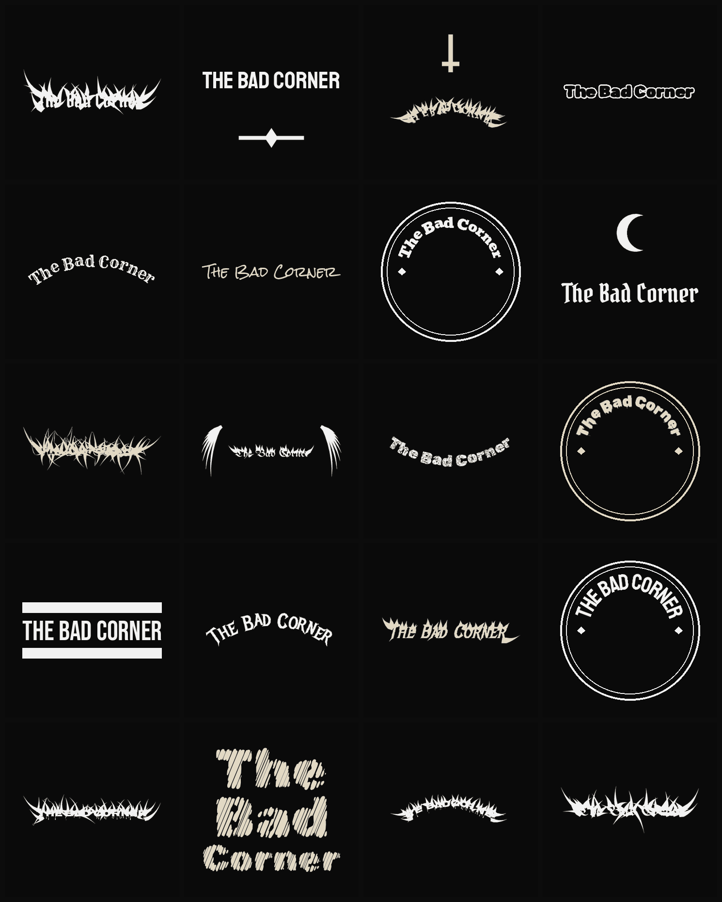 Twenty The Bad Corner band logo ideas — different faces, treatments and spike settings