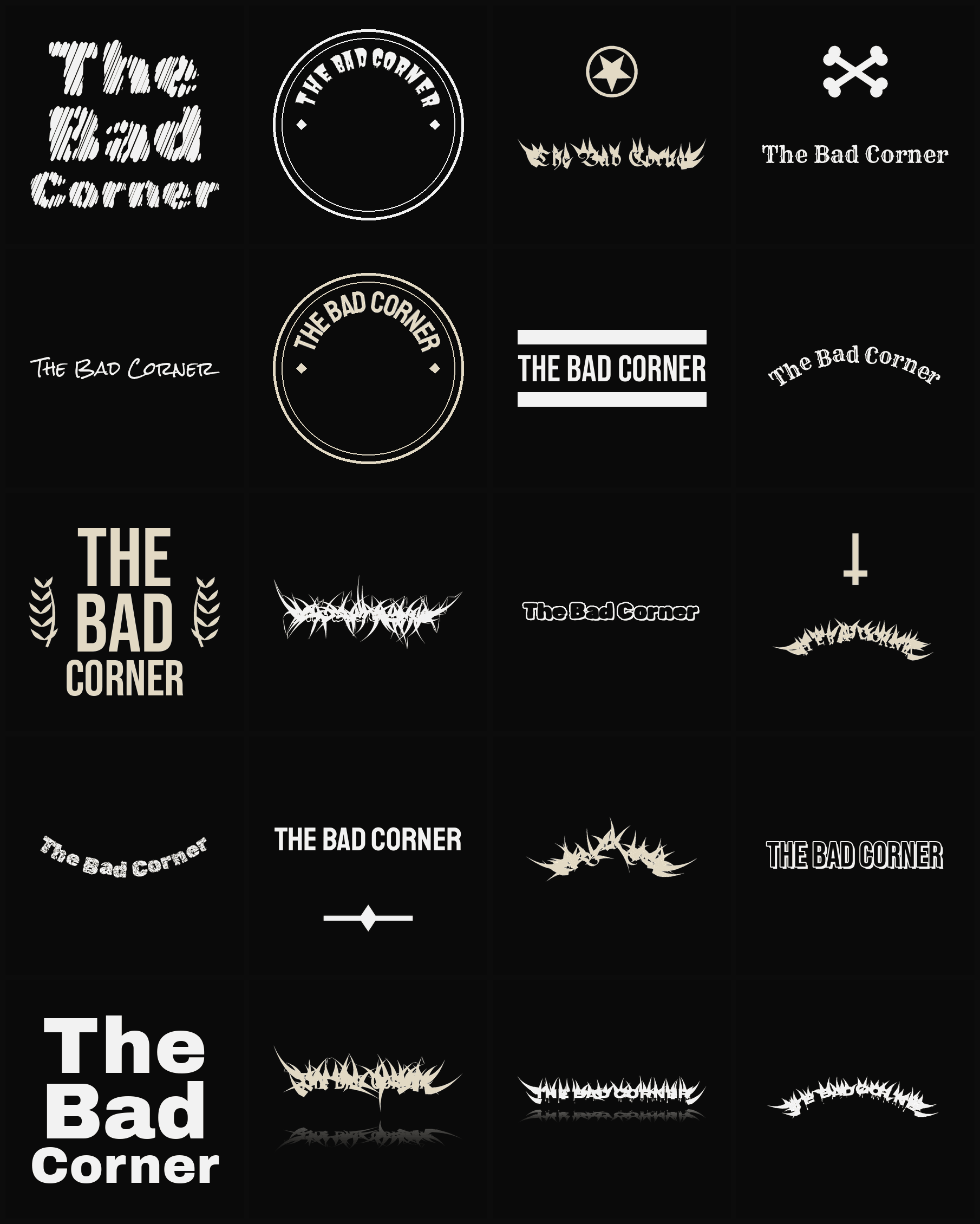Twenty The Bad Corner band logo ideas — different faces, treatments and spike settings