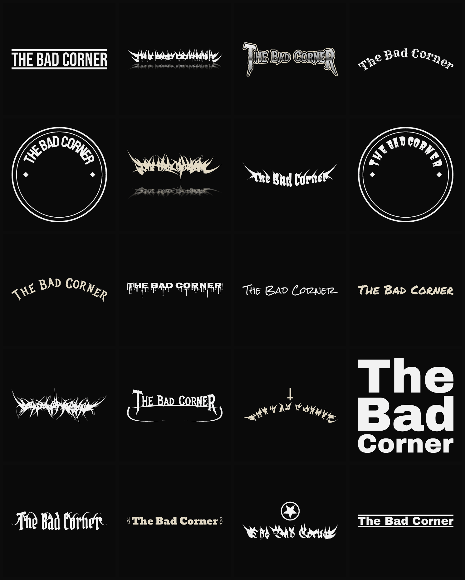 Twenty The Bad Corner band logo ideas — different faces, treatments and spike settings