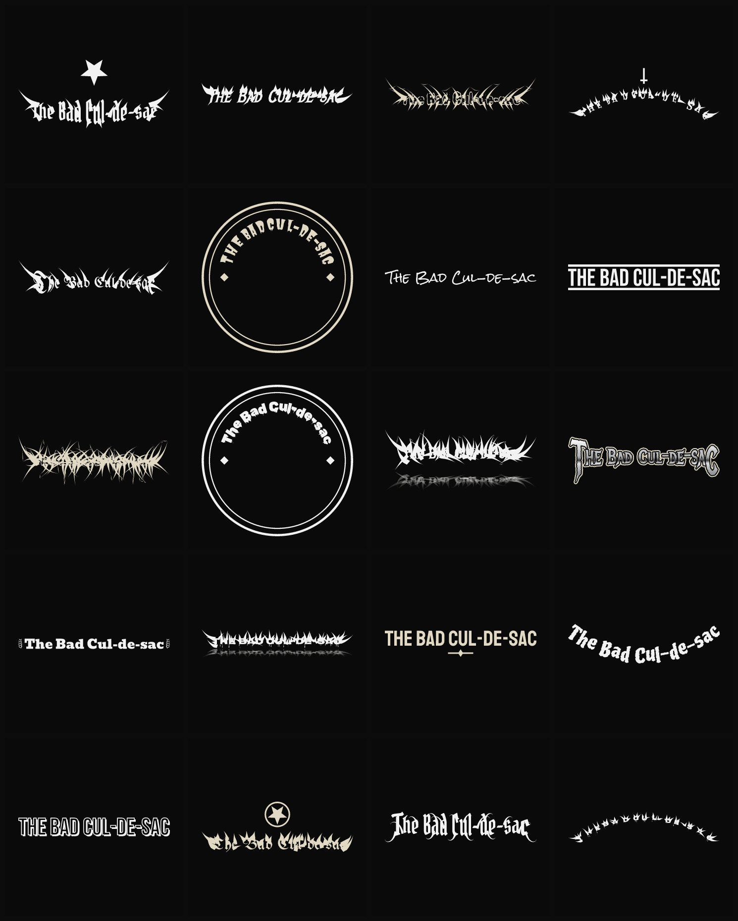 Twenty The Bad Cul-de-sac band logo ideas — different faces, treatments and spike settings