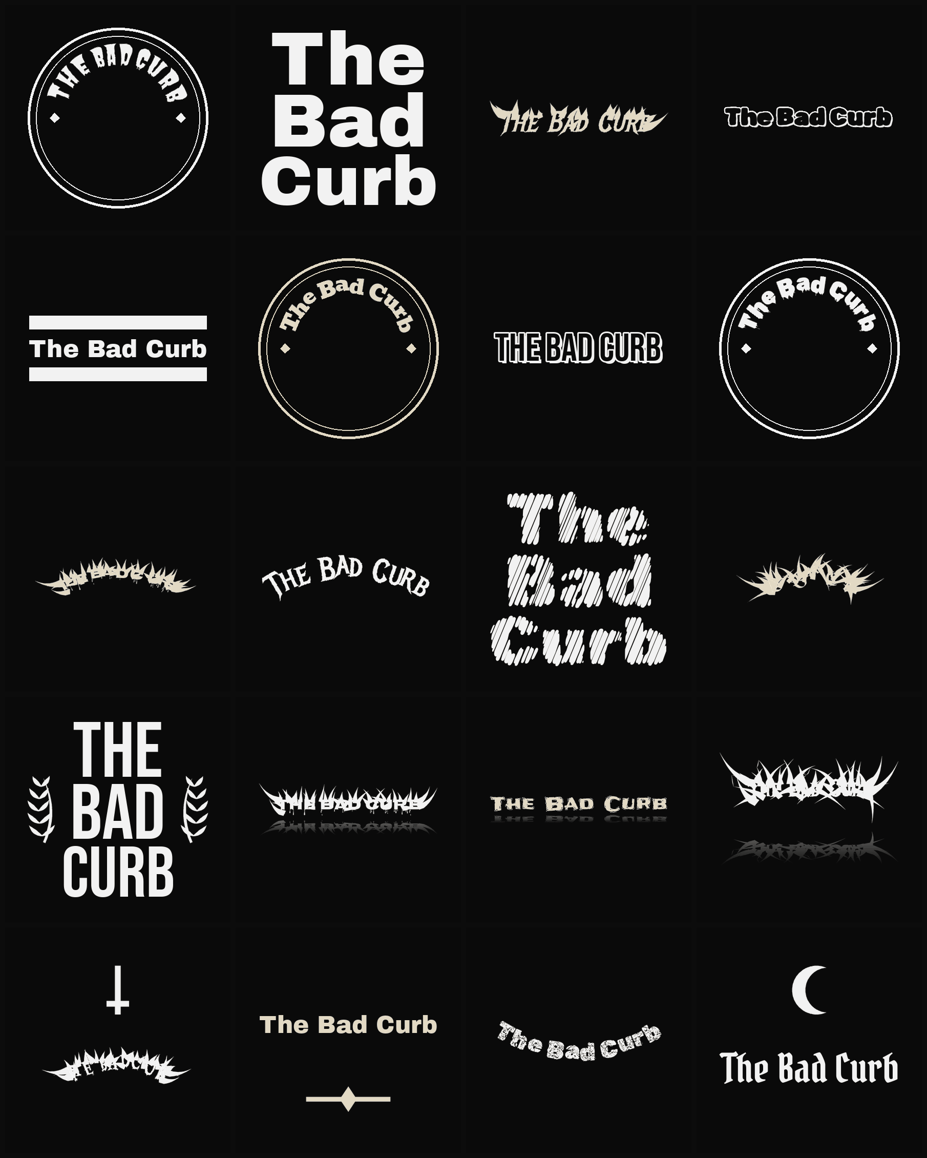 Twenty The Bad Curb band logo ideas — different faces, treatments and spike settings