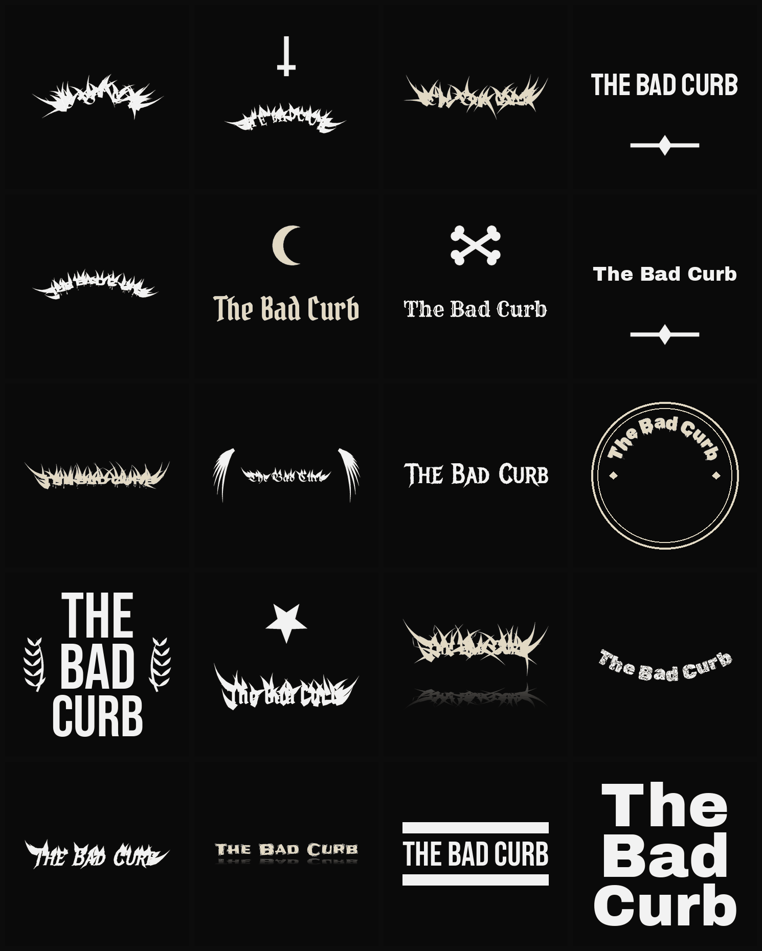 Twenty The Bad Curb band logo ideas — different faces, treatments and spike settings
