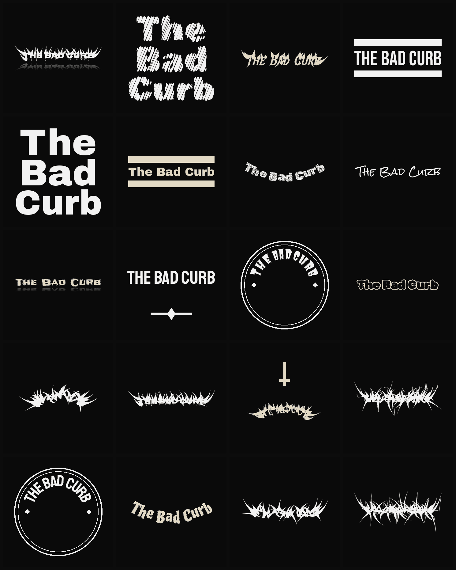 Twenty The Bad Curb band logo ideas — different faces, treatments and spike settings