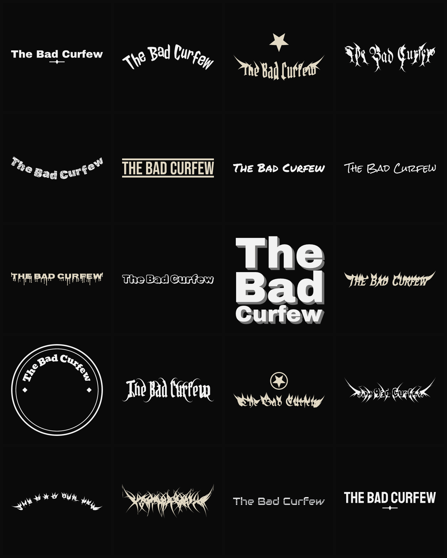 Twenty The Bad Curfew band logo ideas — different faces, treatments and spike settings