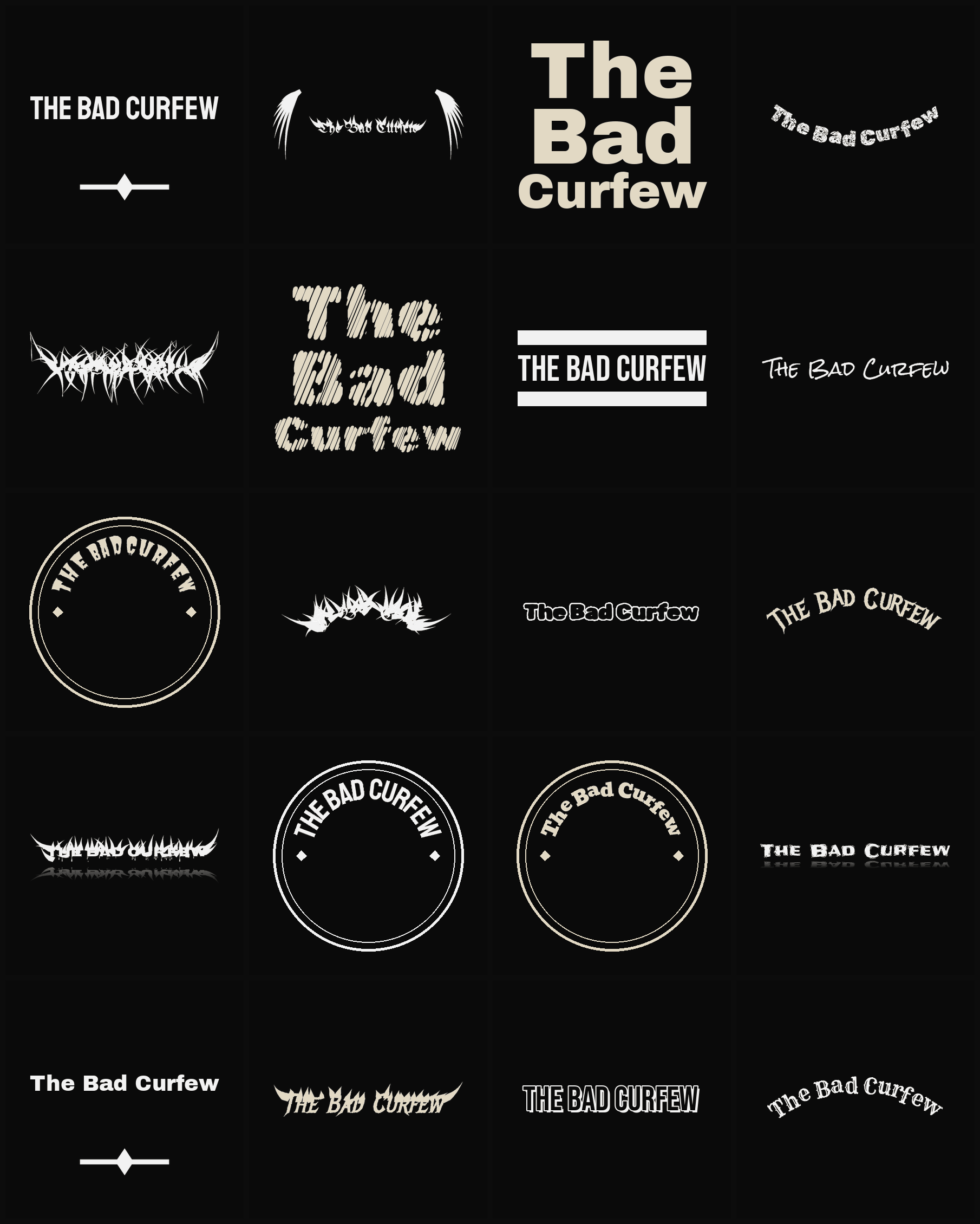Twenty The Bad Curfew band logo ideas — different faces, treatments and spike settings