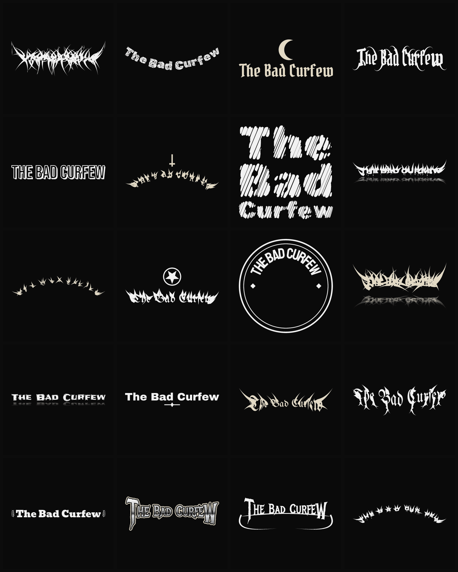 Twenty The Bad Curfew band logo ideas — different faces, treatments and spike settings