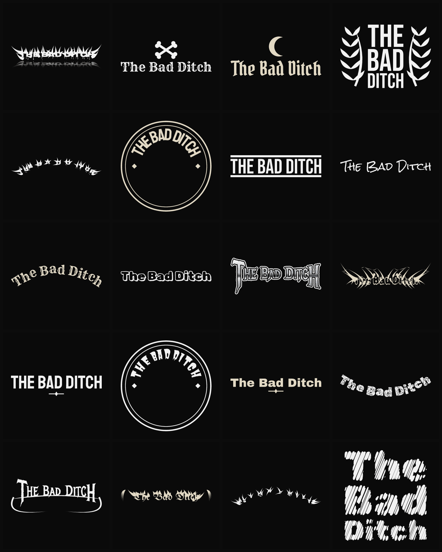 Twenty The Bad Ditch band logo ideas — different faces, treatments and spike settings