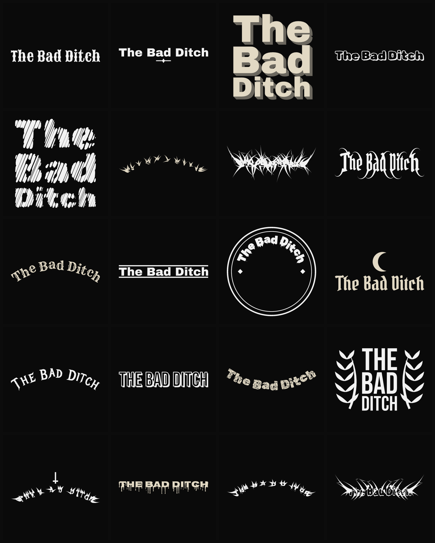 Twenty The Bad Ditch band logo ideas — different faces, treatments and spike settings