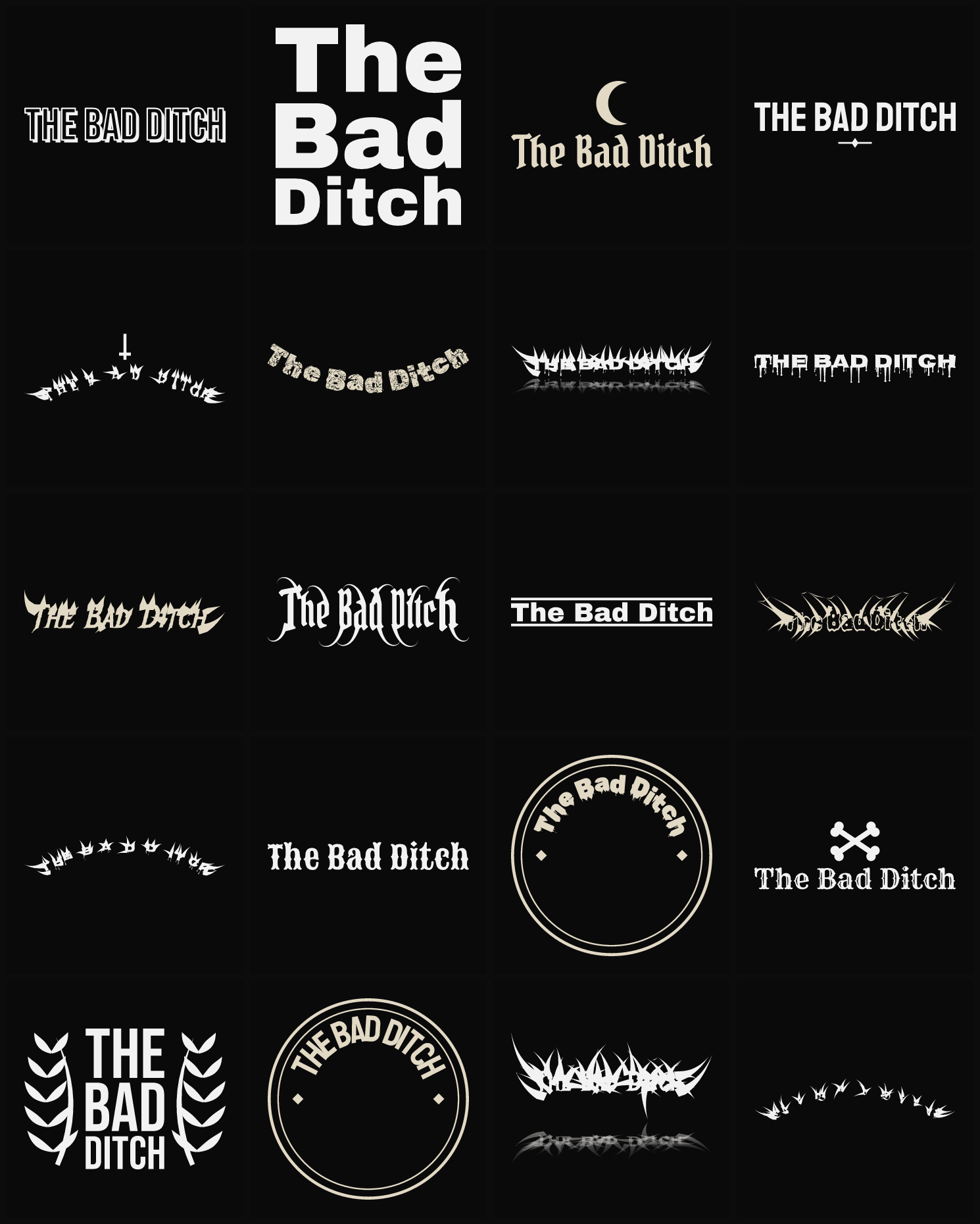Twenty The Bad Ditch band logo ideas — different faces, treatments and spike settings