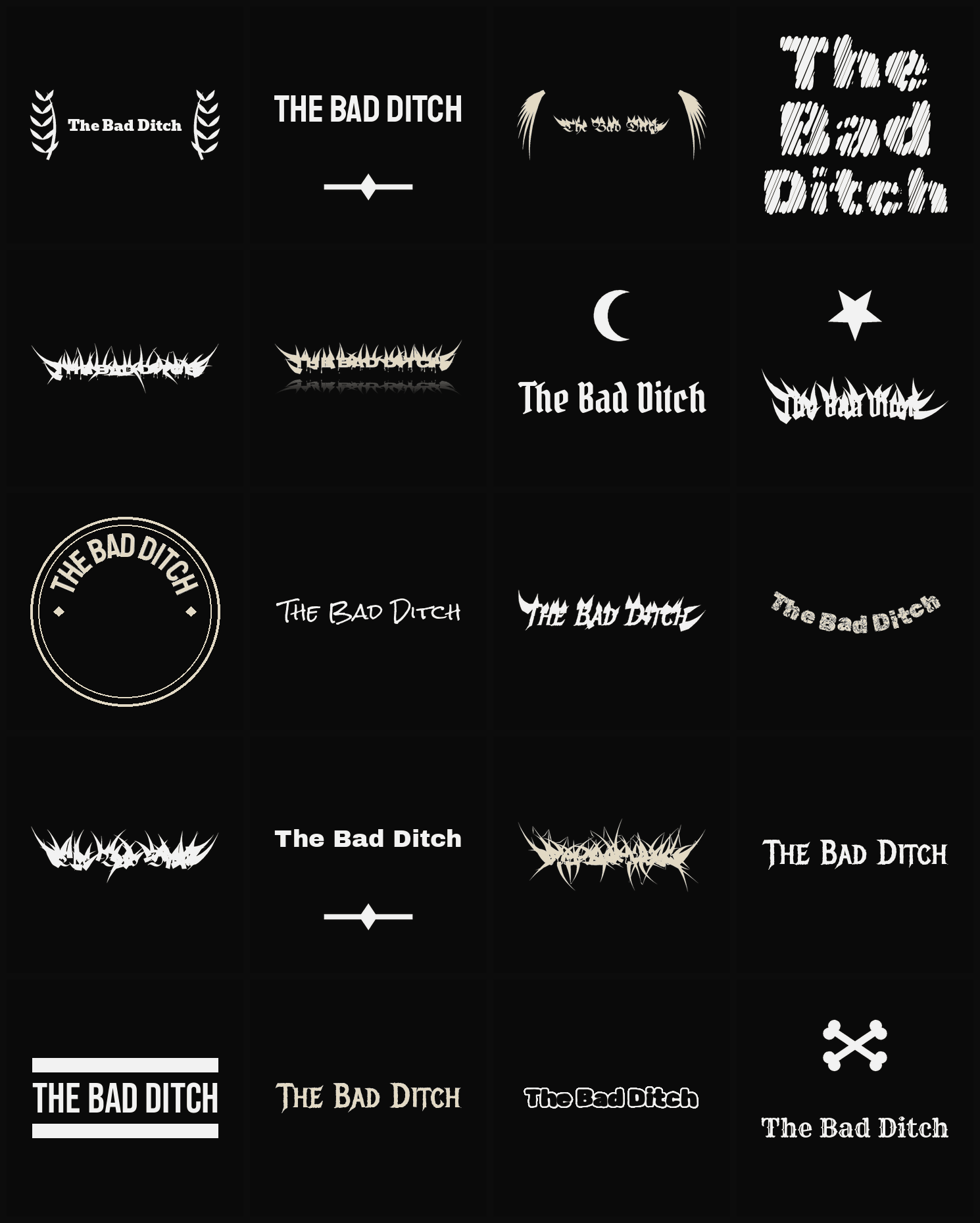 Twenty The Bad Ditch band logo ideas — different faces, treatments and spike settings