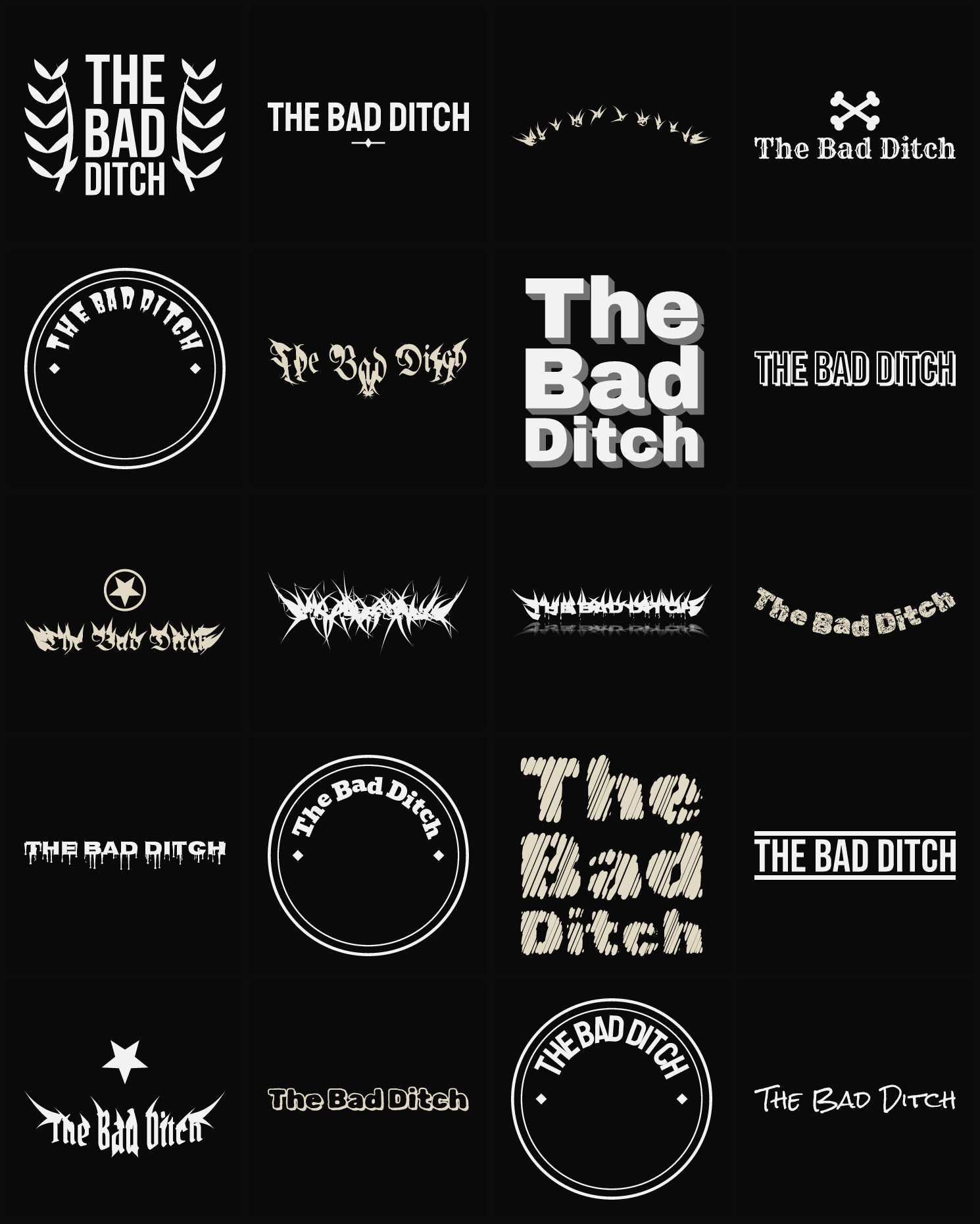Twenty The Bad Ditch band logo ideas — different faces, treatments and spike settings