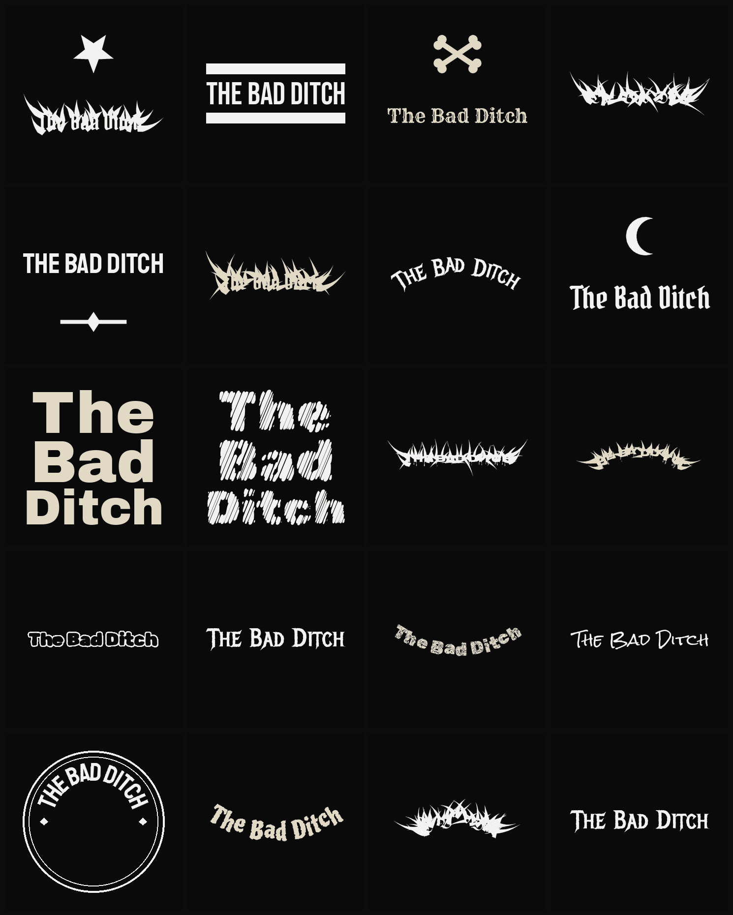 Twenty The Bad Ditch band logo ideas — different faces, treatments and spike settings