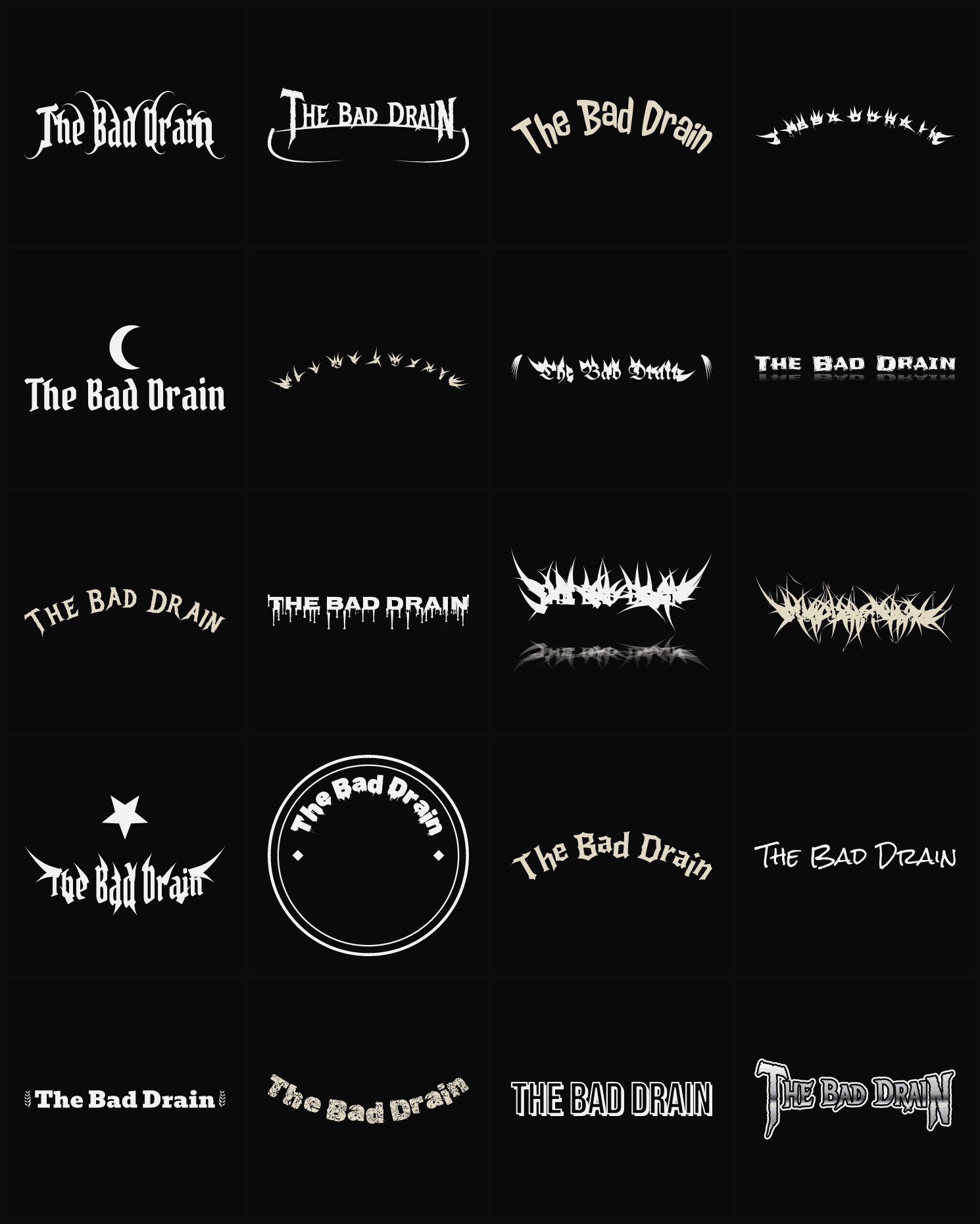 Twenty The Bad Drain band logo ideas — different faces, treatments and spike settings