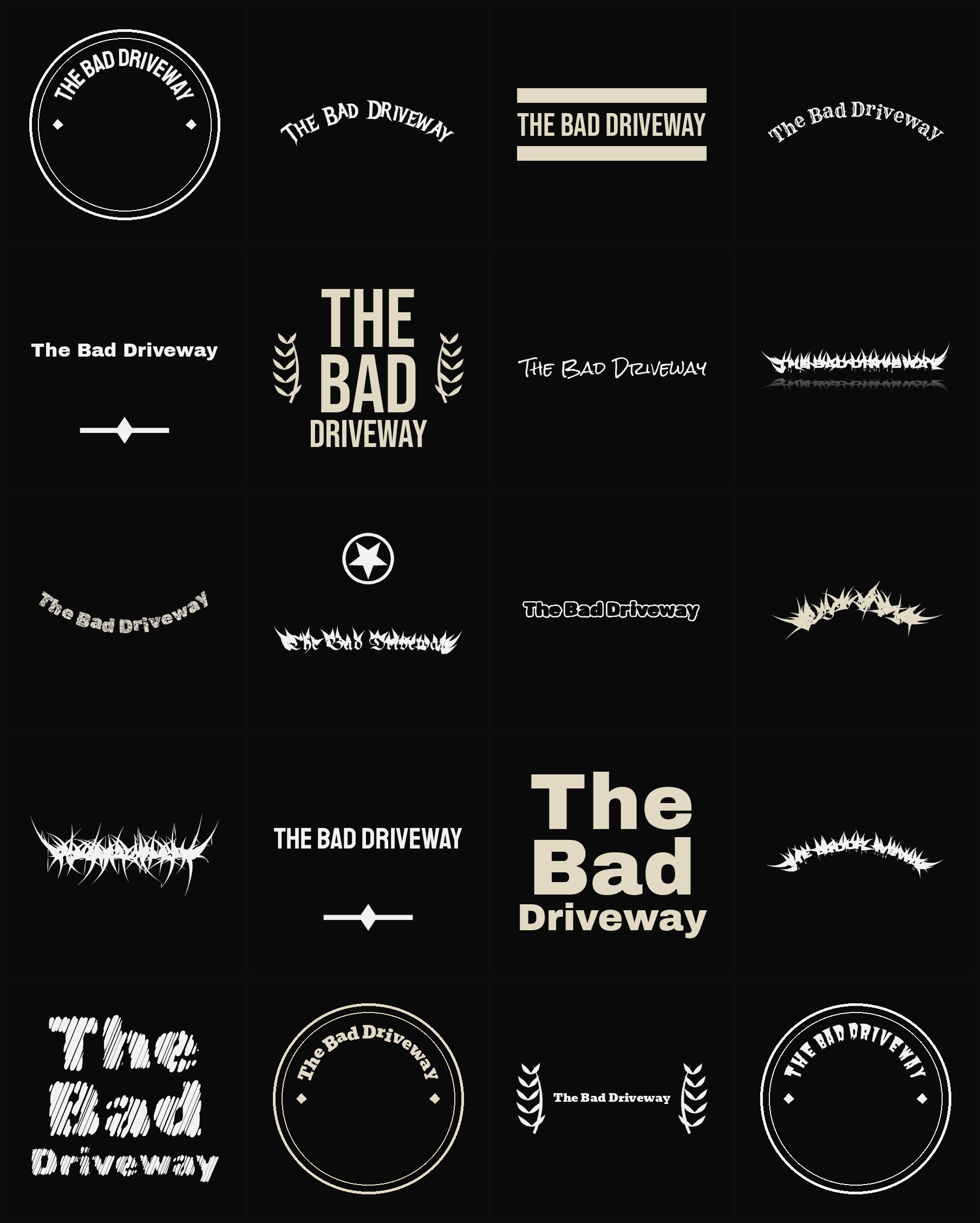 Twenty The Bad Driveway band logo ideas — different faces, treatments and spike settings