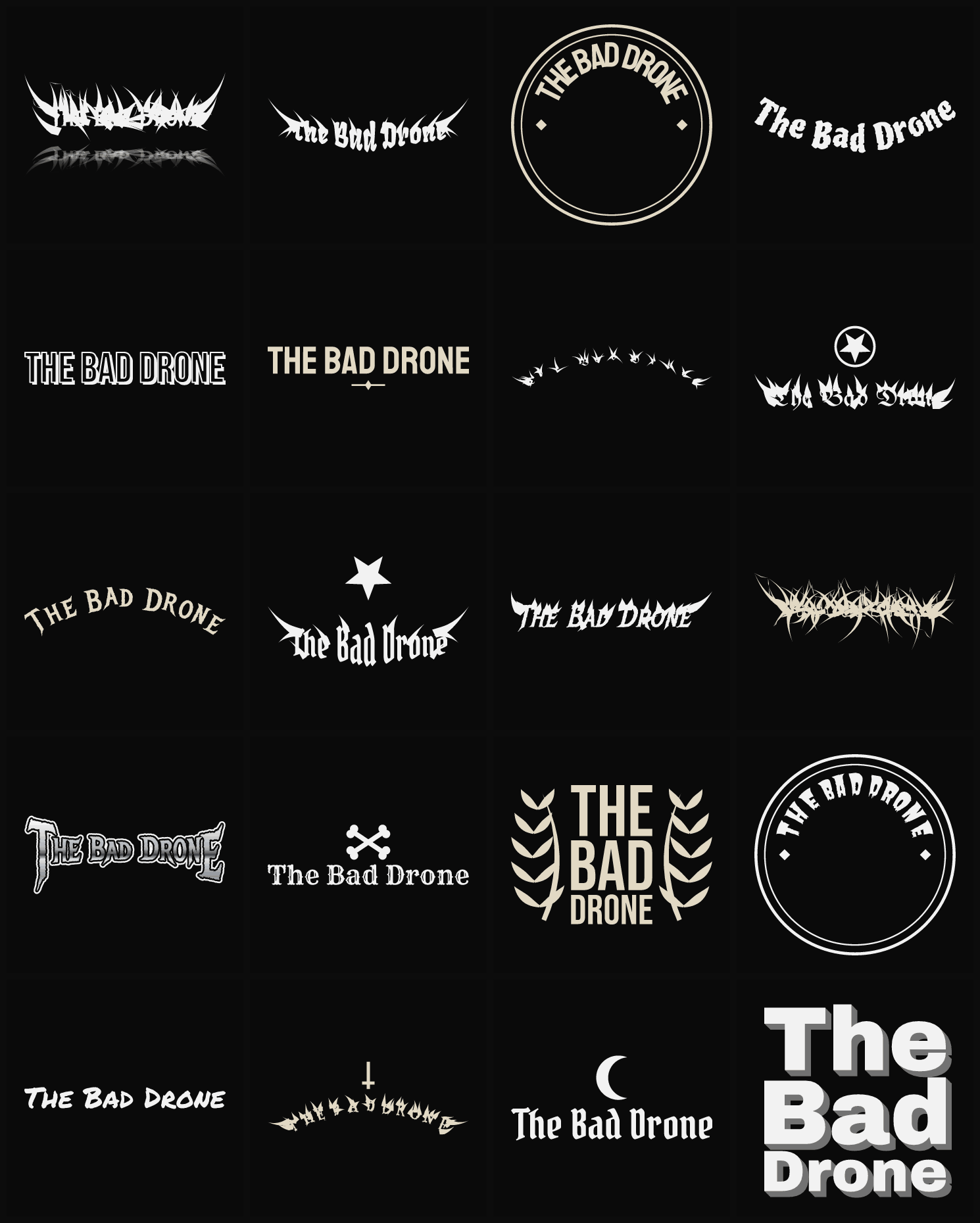 Twenty The Bad Drone band logo ideas — different faces, treatments and spike settings