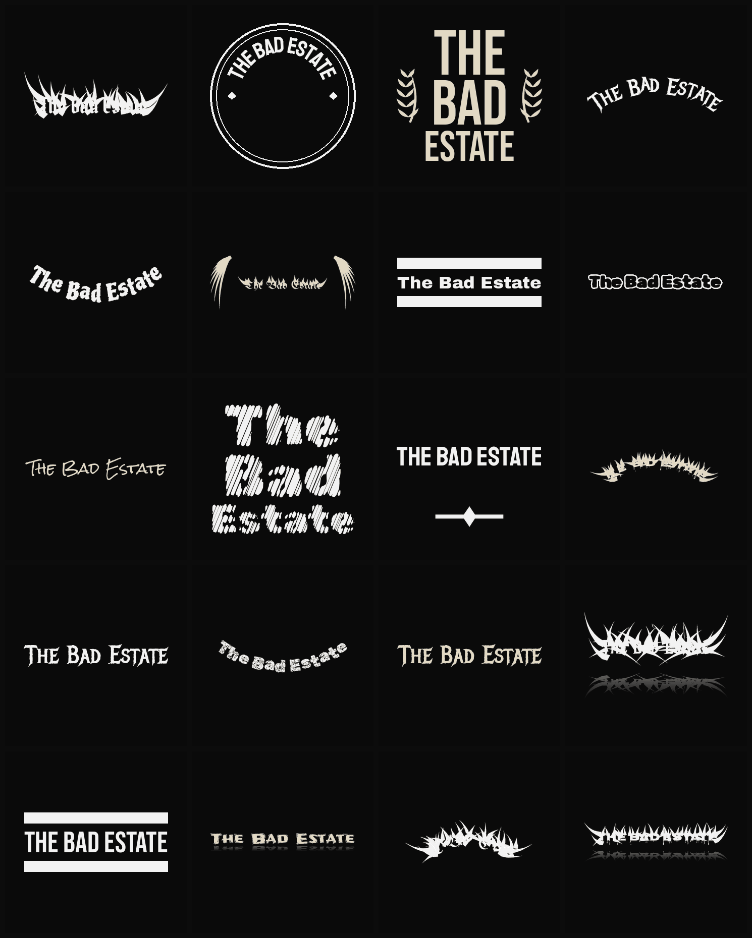 Twenty The Bad Estate band logo ideas — different faces, treatments and spike settings