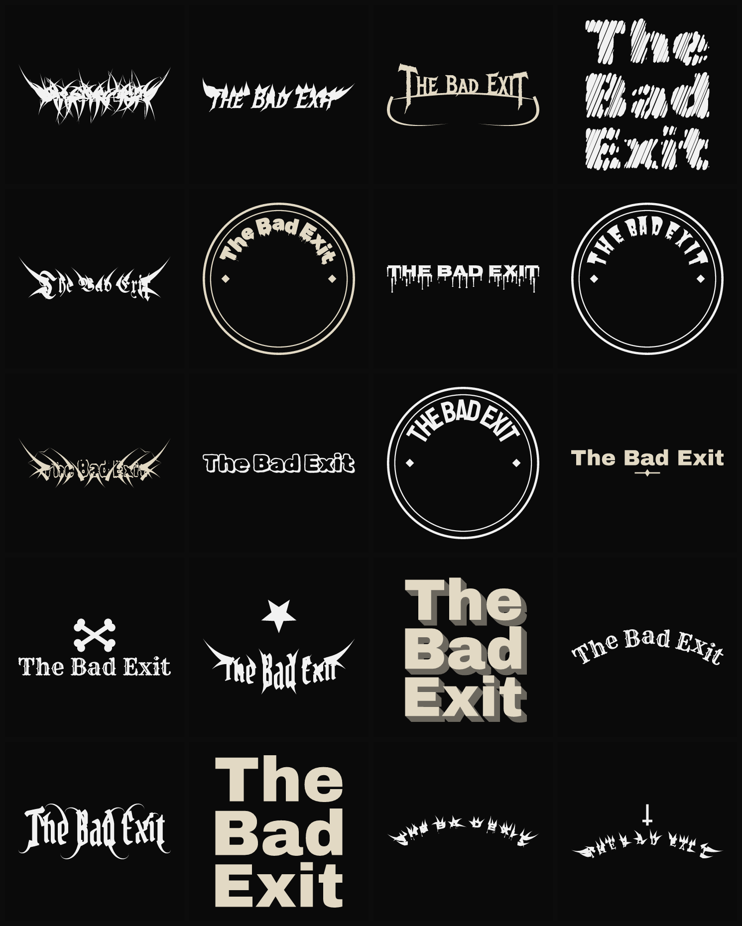 Twenty The Bad Exit band logo ideas — different faces, treatments and spike settings