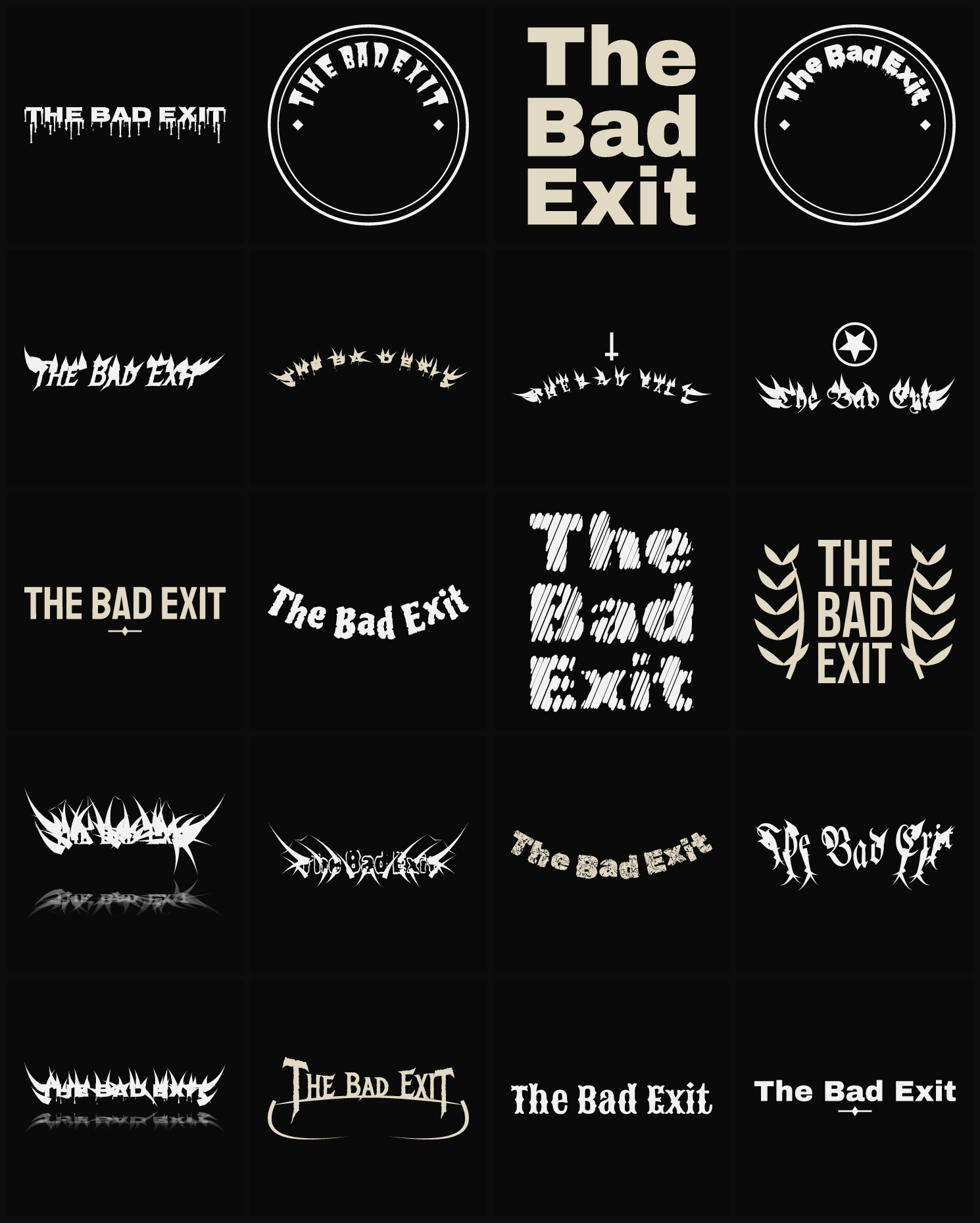 Twenty The Bad Exit band logo ideas — different faces, treatments and spike settings
