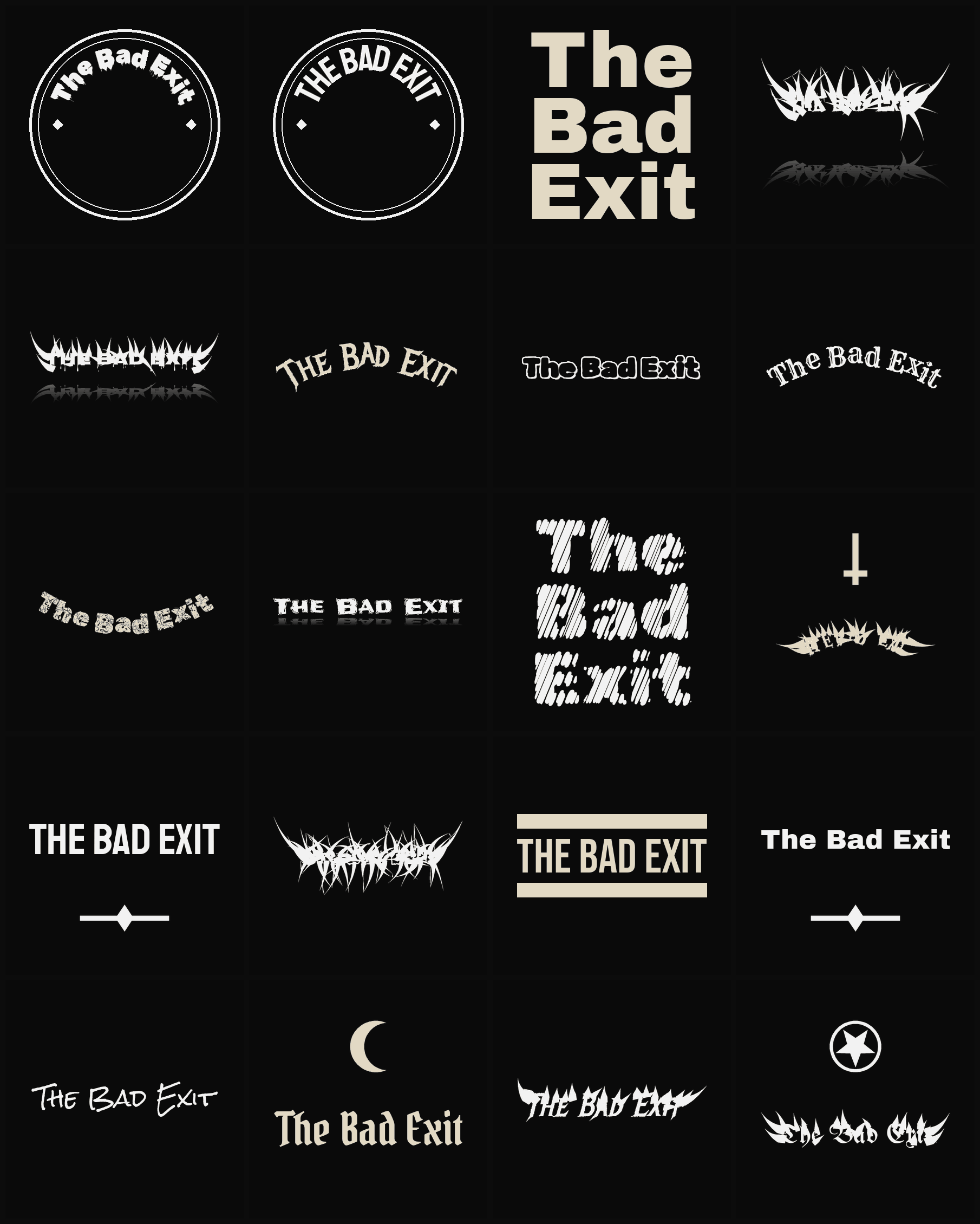 Twenty The Bad Exit band logo ideas — different faces, treatments and spike settings