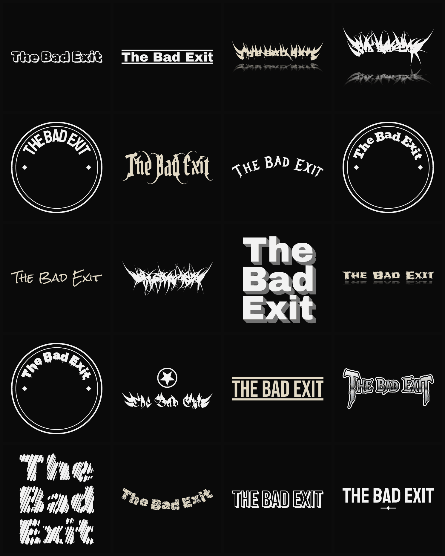 Twenty The Bad Exit band logo ideas — different faces, treatments and spike settings
