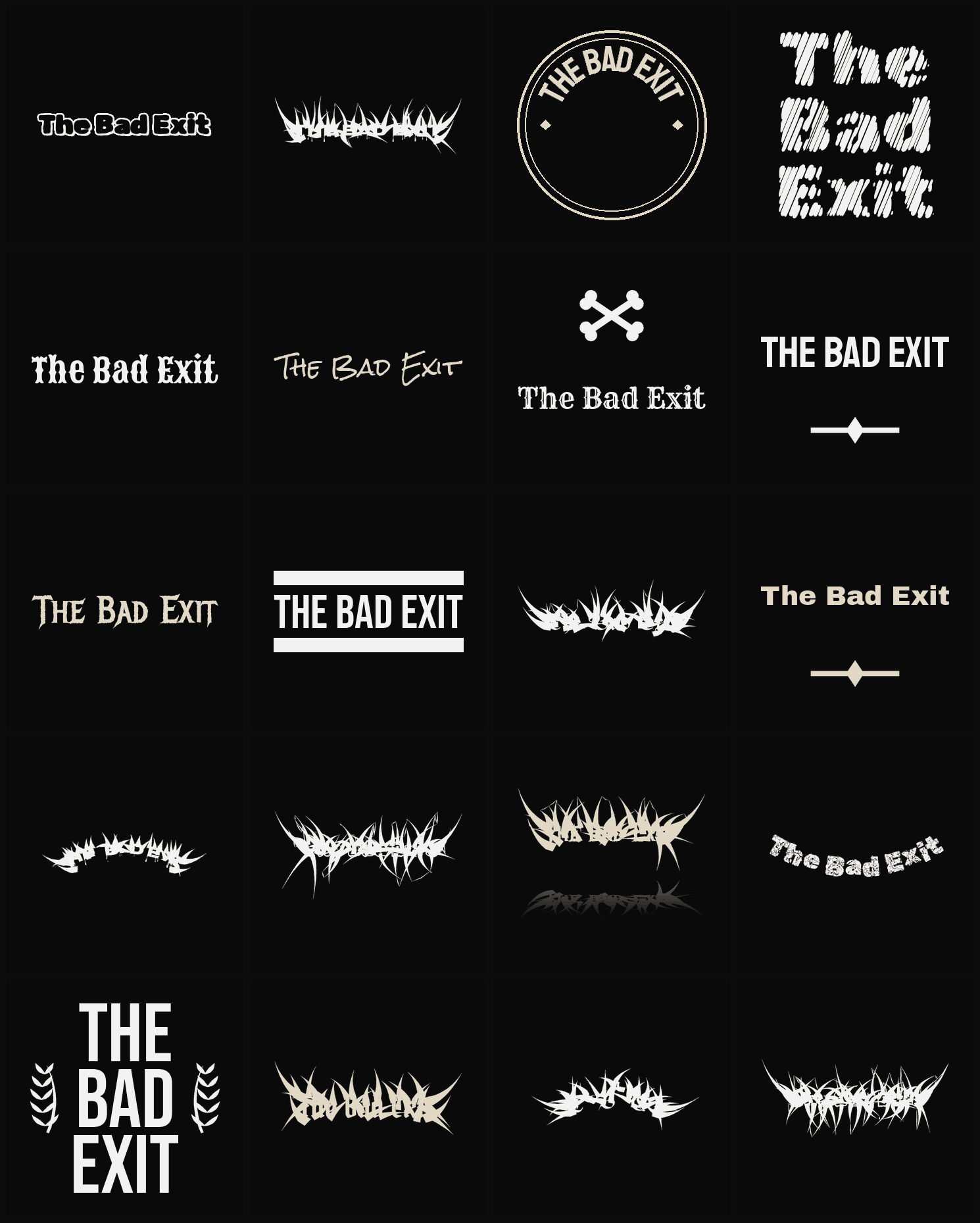 Twenty The Bad Exit band logo ideas — different faces, treatments and spike settings