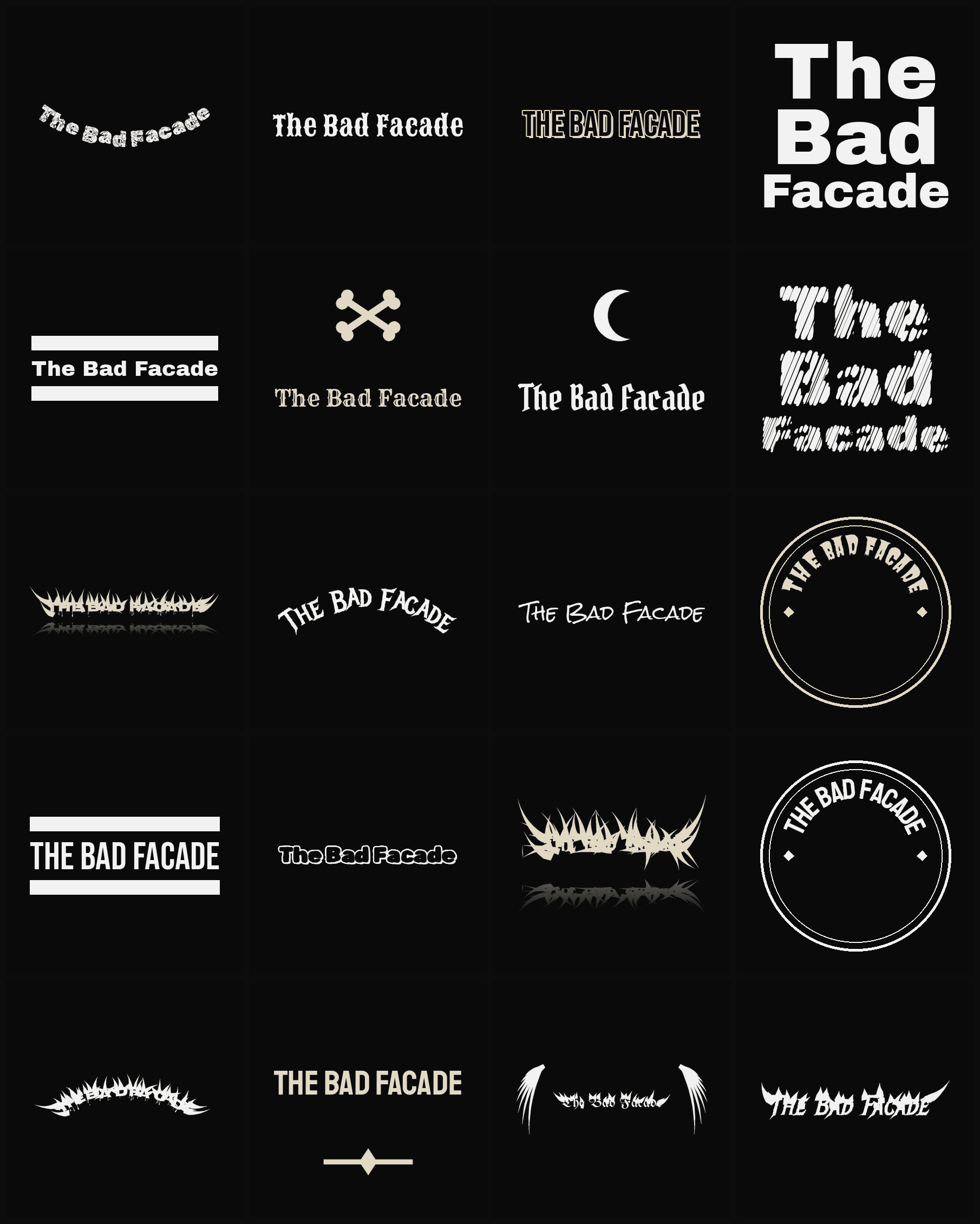 Twenty The Bad Facade band logo ideas — different faces, treatments and spike settings
