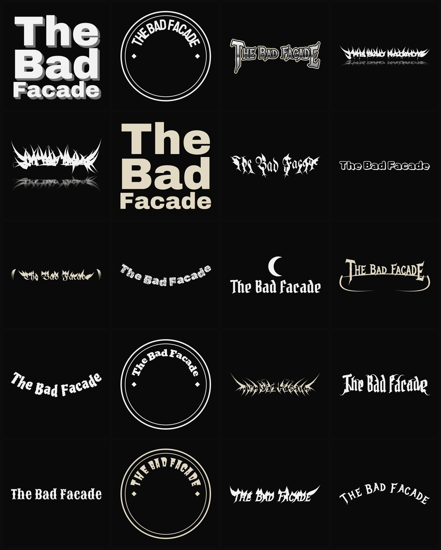 Twenty The Bad Facade band logo ideas — different faces, treatments and spike settings