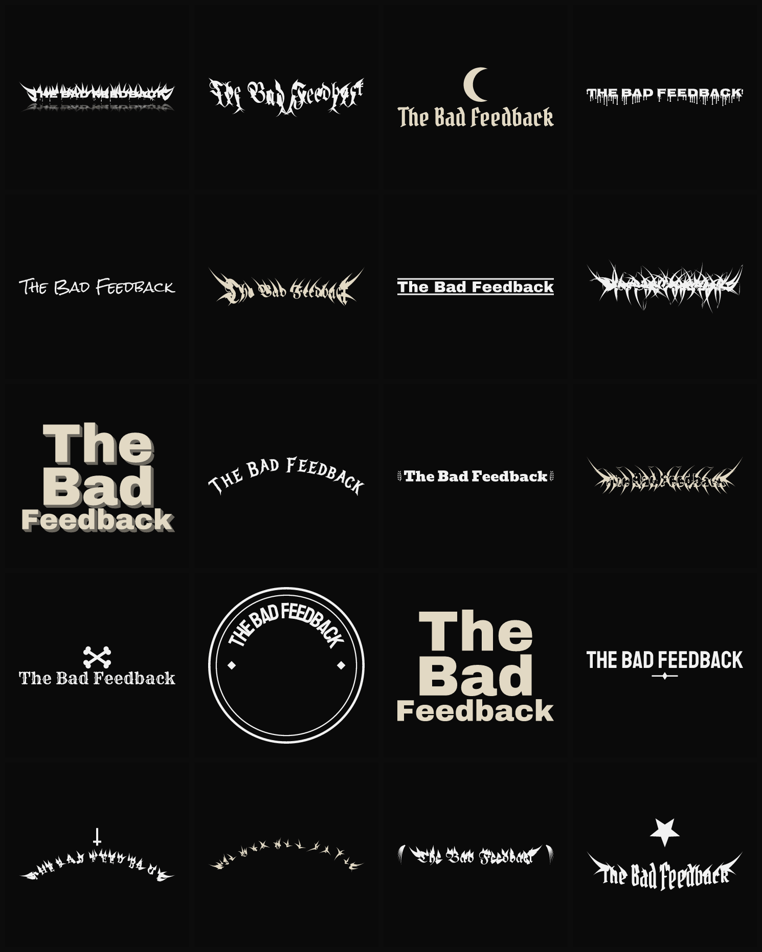 Twenty The Bad Feedback band logo ideas — different faces, treatments and spike settings