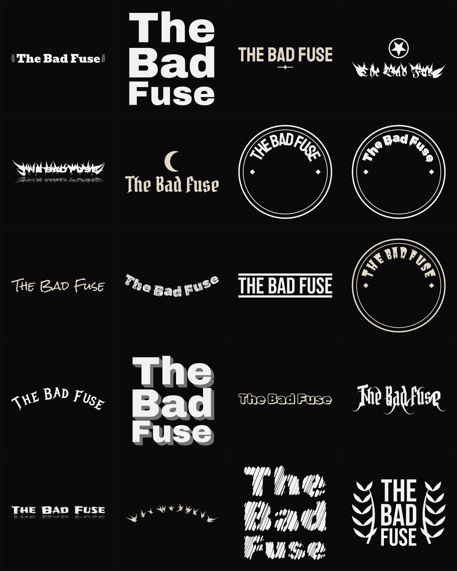 Twenty The Bad Fuse band logo ideas — different faces, treatments and spike settings