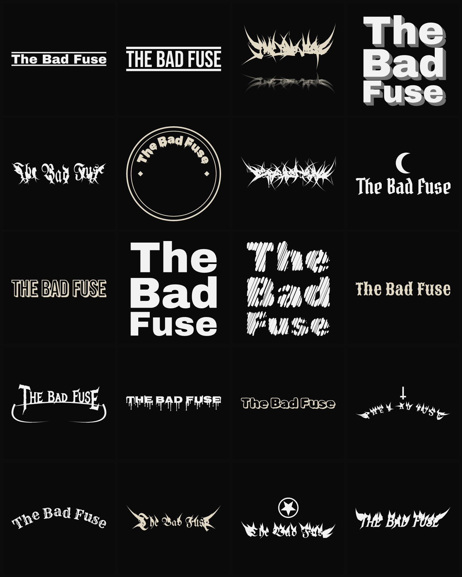 Twenty The Bad Fuse band logo ideas — different faces, treatments and spike settings