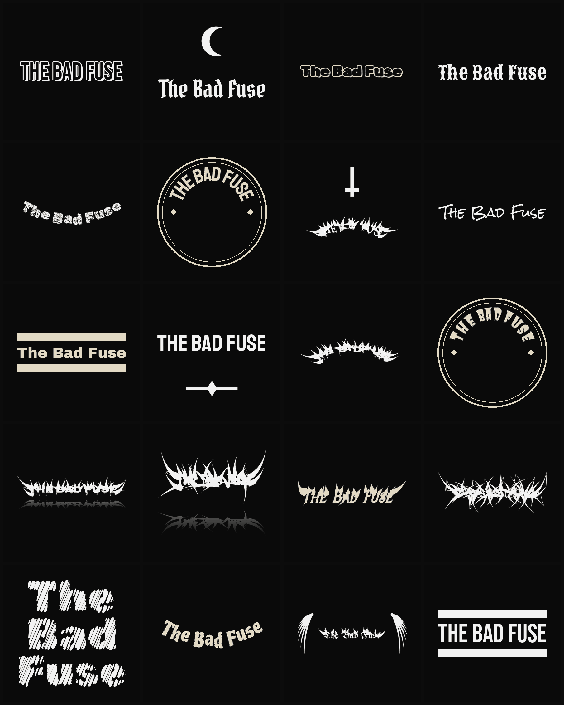 Twenty The Bad Fuse band logo ideas — different faces, treatments and spike settings