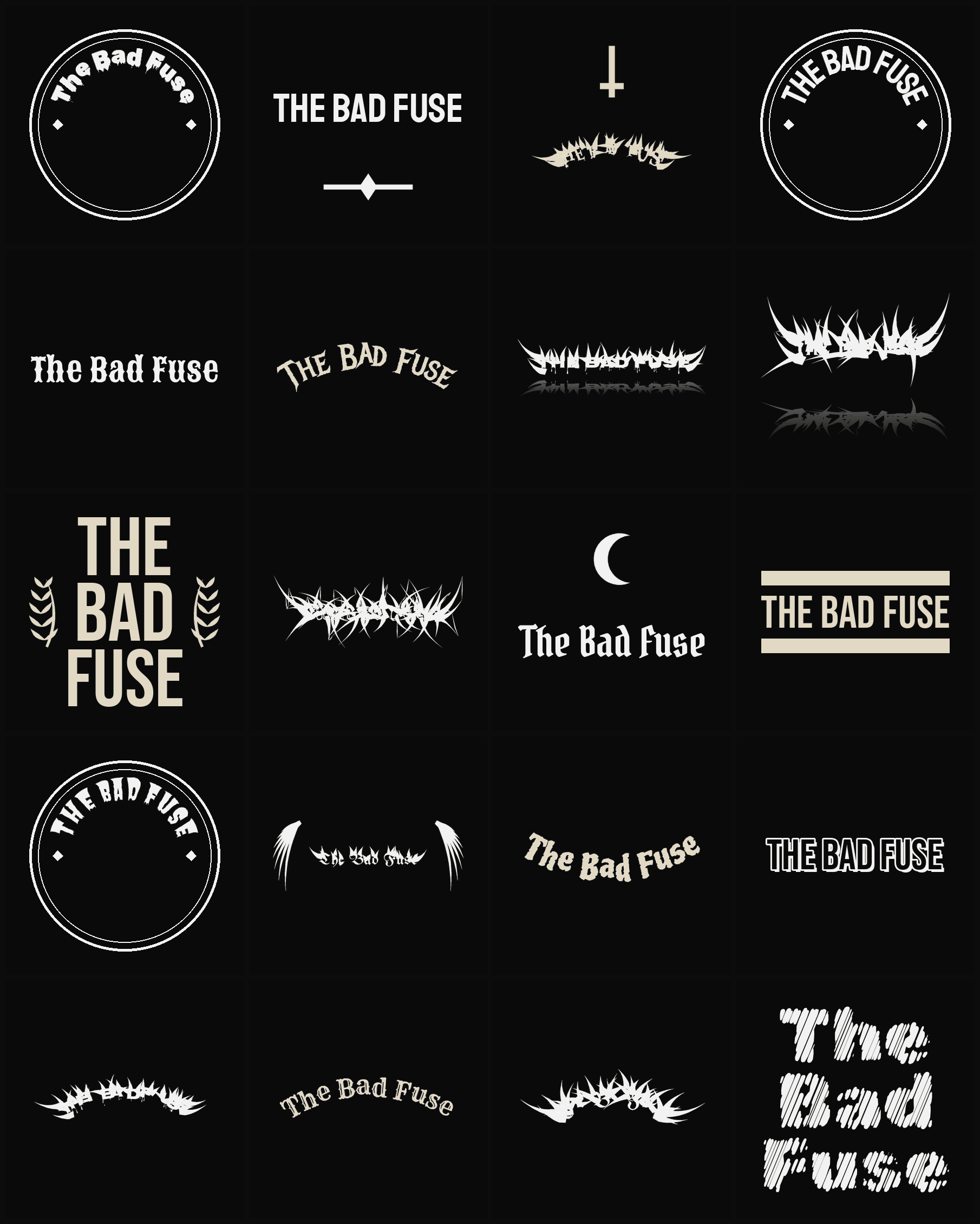 Twenty The Bad Fuse band logo ideas — different faces, treatments and spike settings