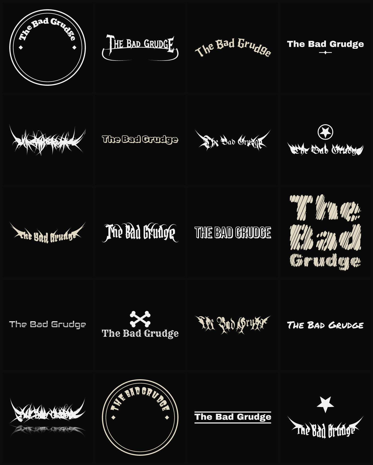 Twenty The Bad Grudge band logo ideas — different faces, treatments and spike settings