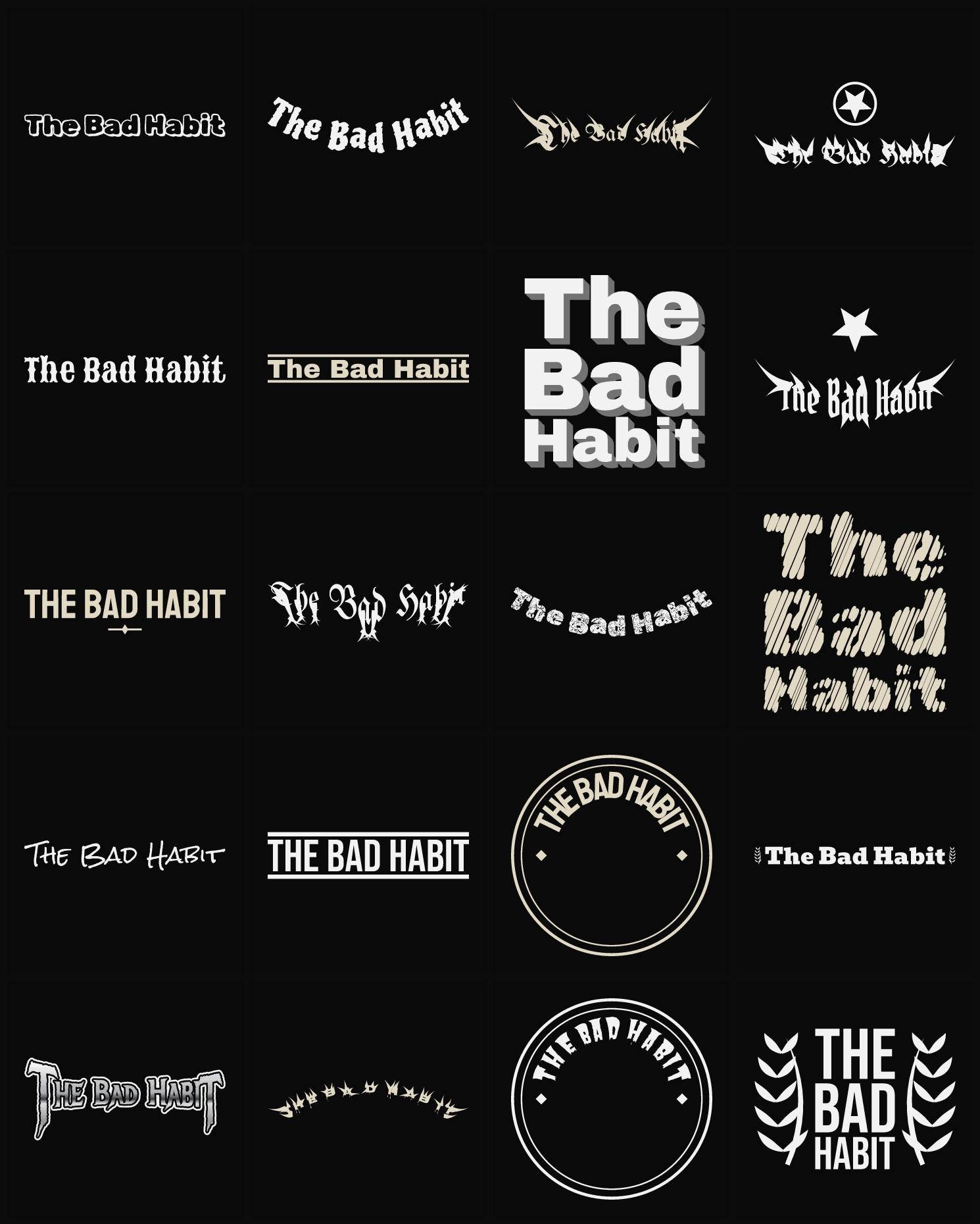 Twenty The Bad Habit band logo ideas — different faces, treatments and spike settings